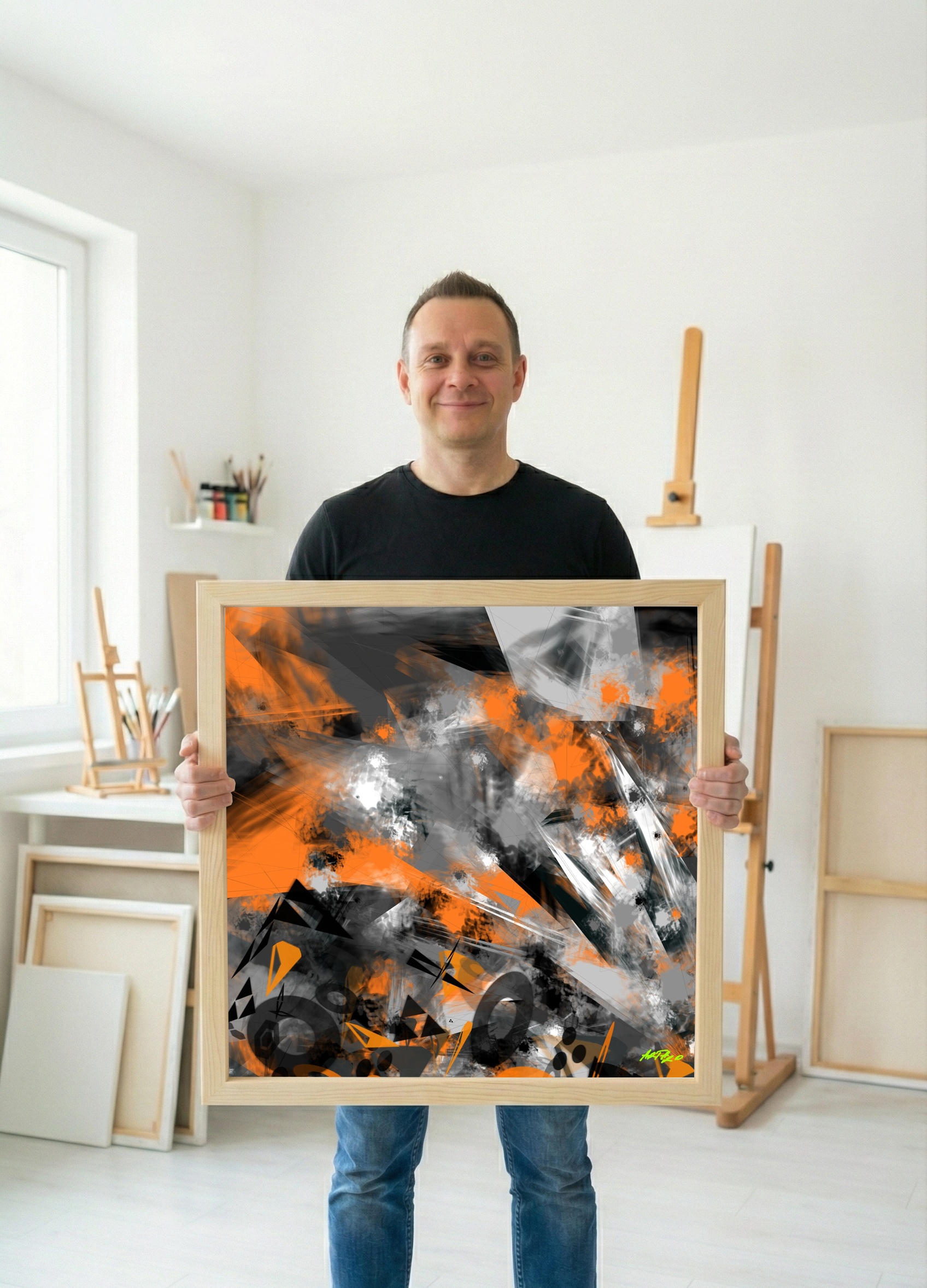 Tangerine and Charcoal Digital Abstract — art on the wall, room interior preview 2