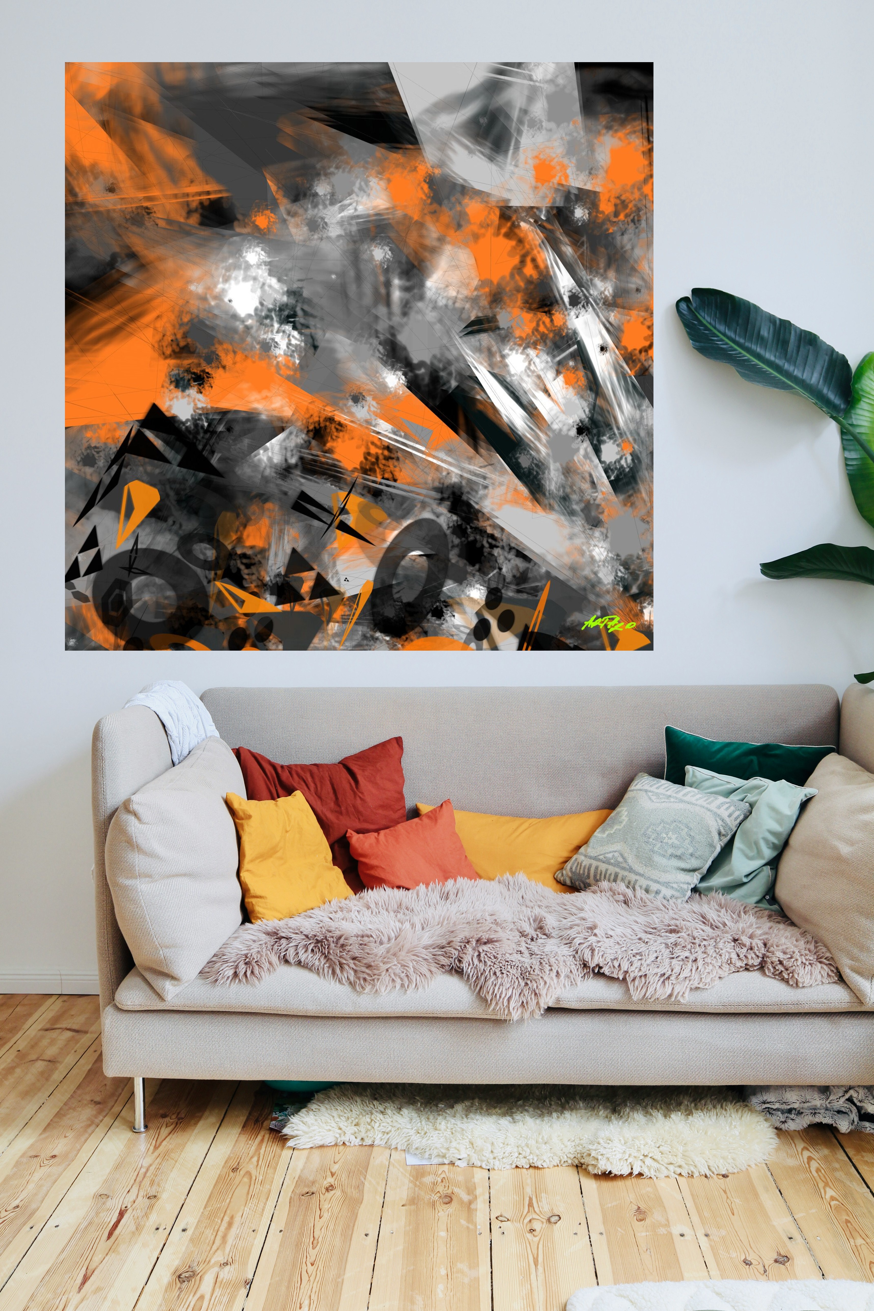 Tangerine and Charcoal Digital Abstract — art on the wall, room interior preview 3