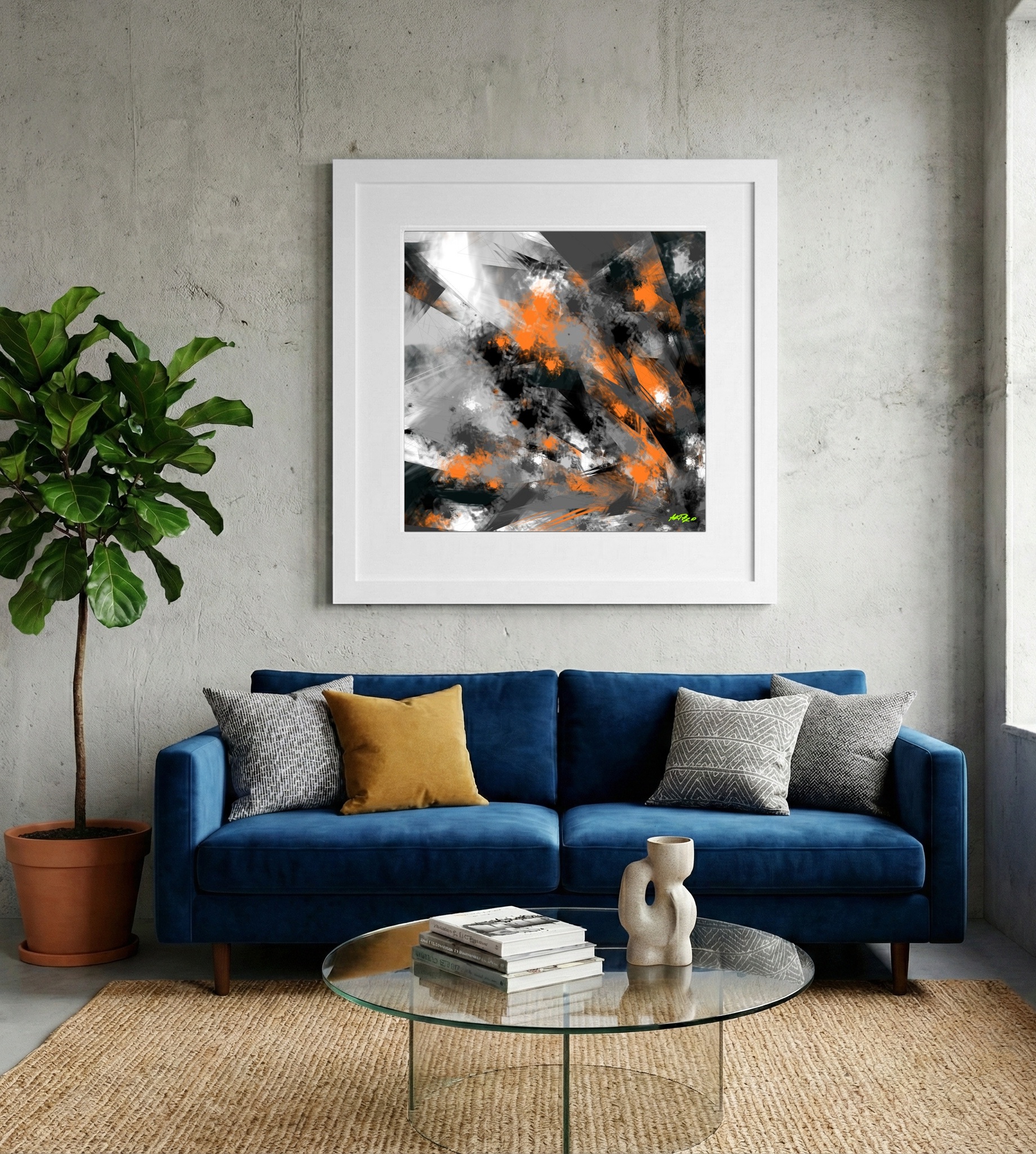 Charcoal Orange Generative Artwork — art on the wall, room interior preview 2