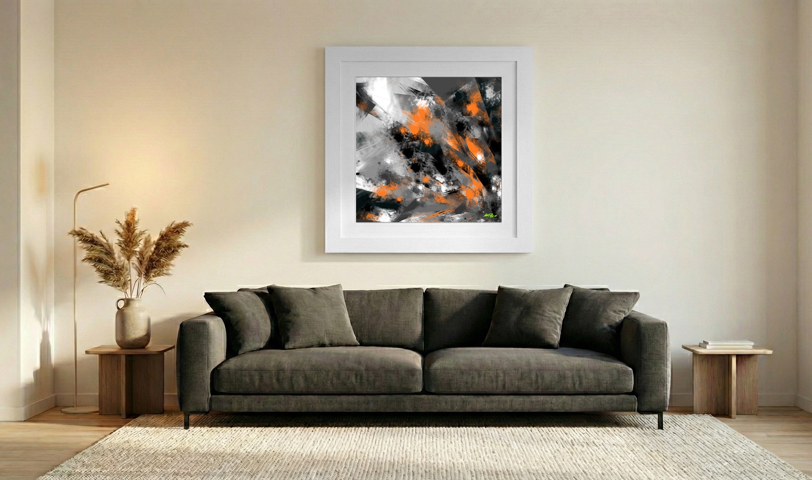 Charcoal Orange Generative Artwork — art on the wall, room interior preview 3