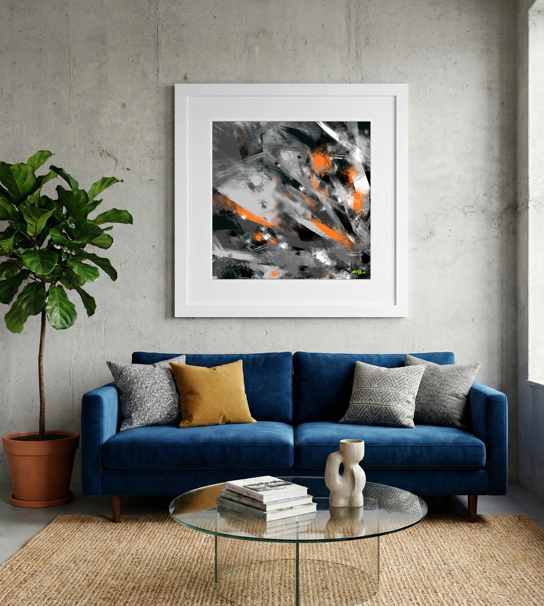 Safety Orange Abstract Digital Art — art on the wall, room interior preview 2