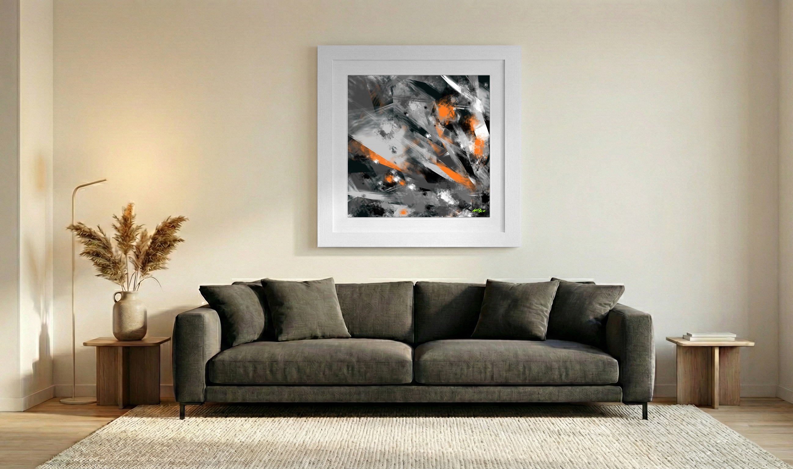 Safety Orange Abstract Digital Art — art on the wall, room interior preview 3
