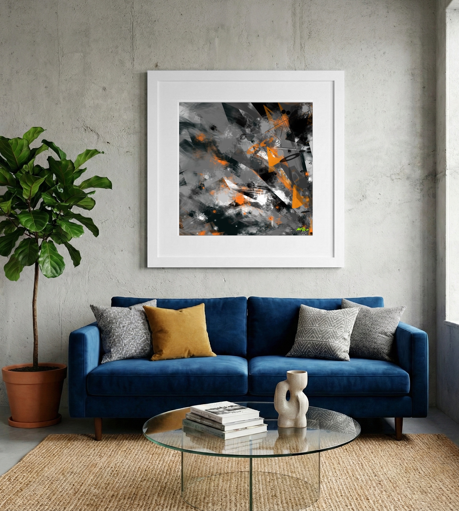 Electric Orange and Charcoal Digital Composition — art on the wall, room interior preview 2