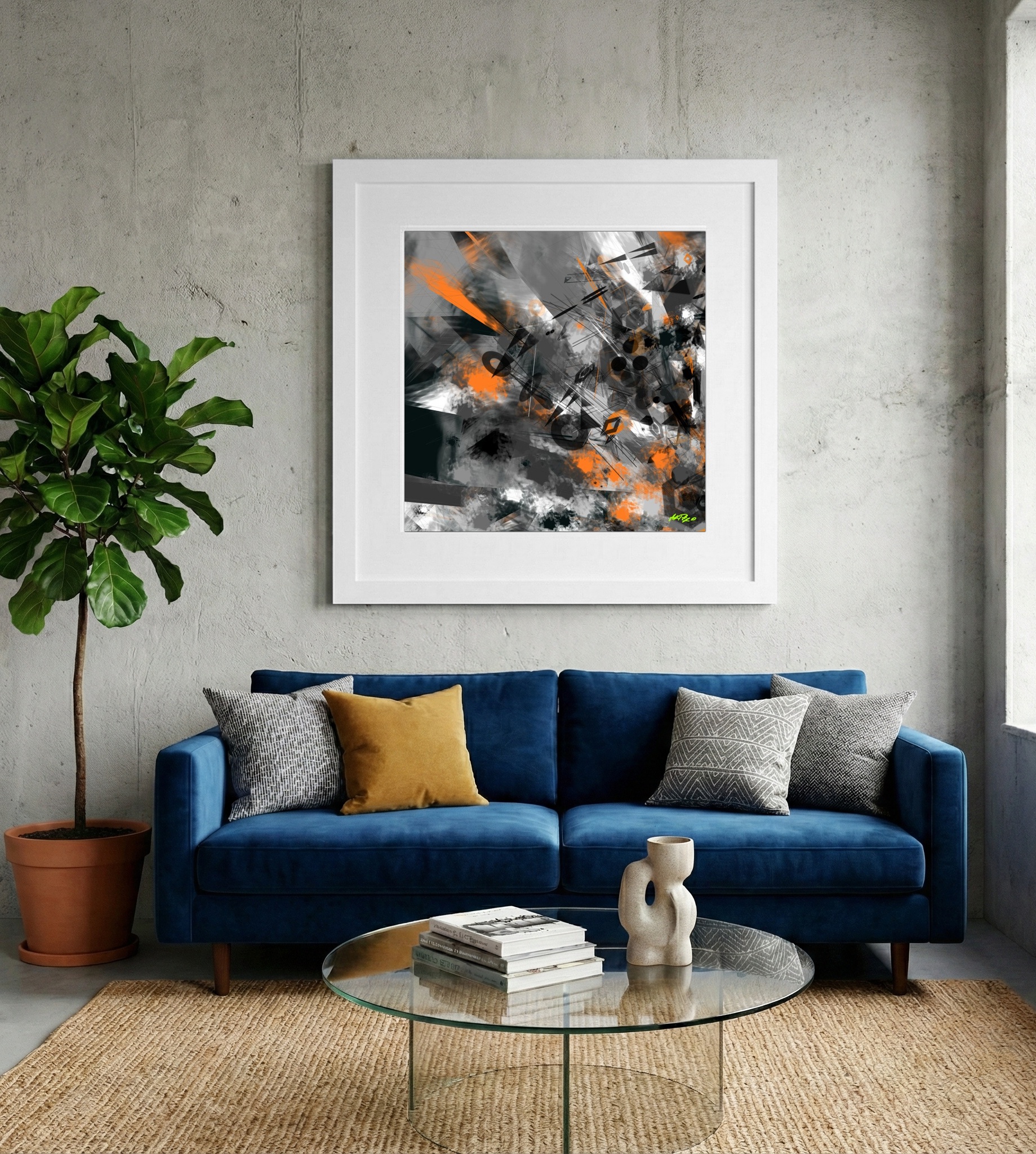 Deep Teal and Orange Abstract Digital Art — art on the wall, room interior preview 2