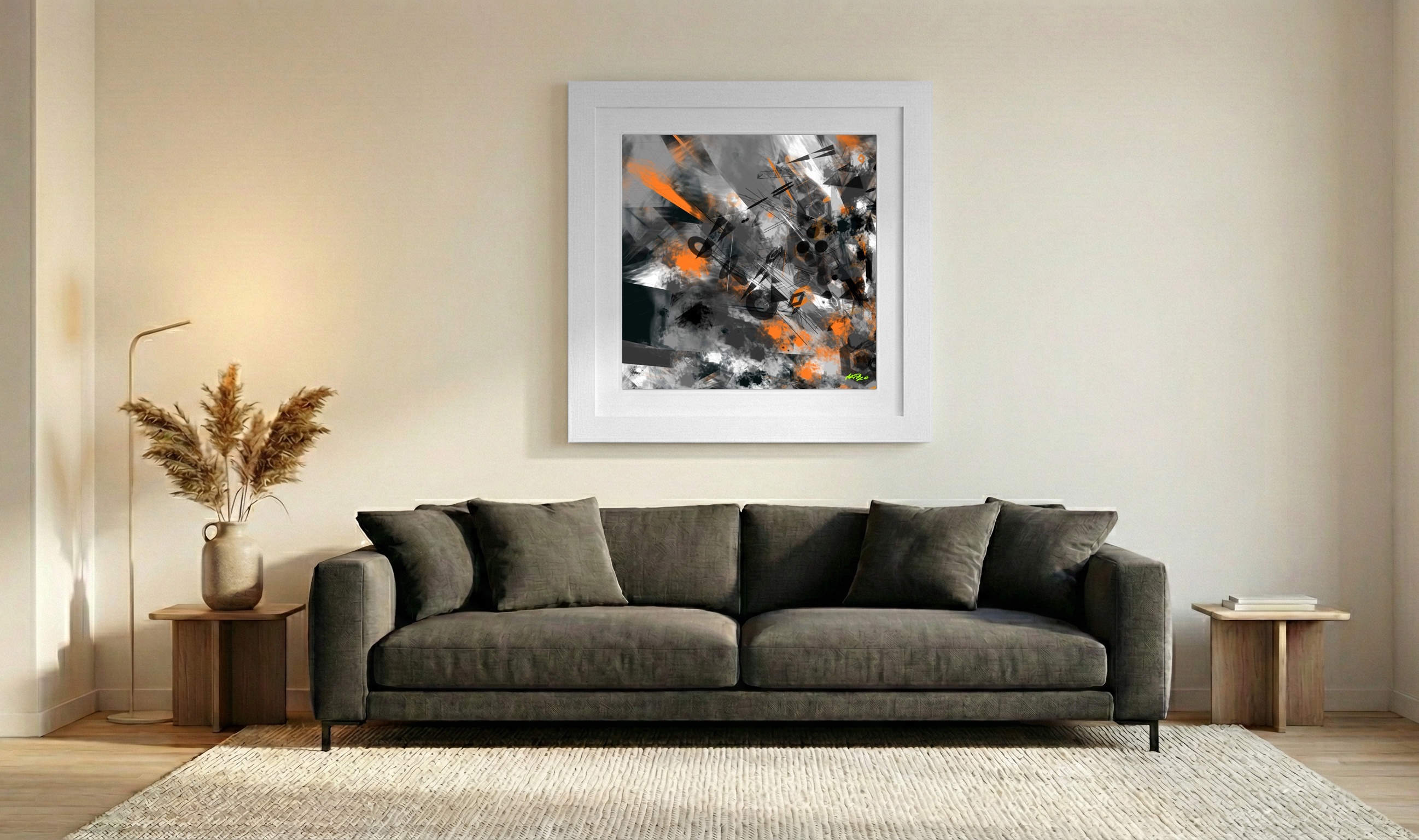 Deep Teal and Orange Abstract Digital Art — art on the wall, room interior preview 3