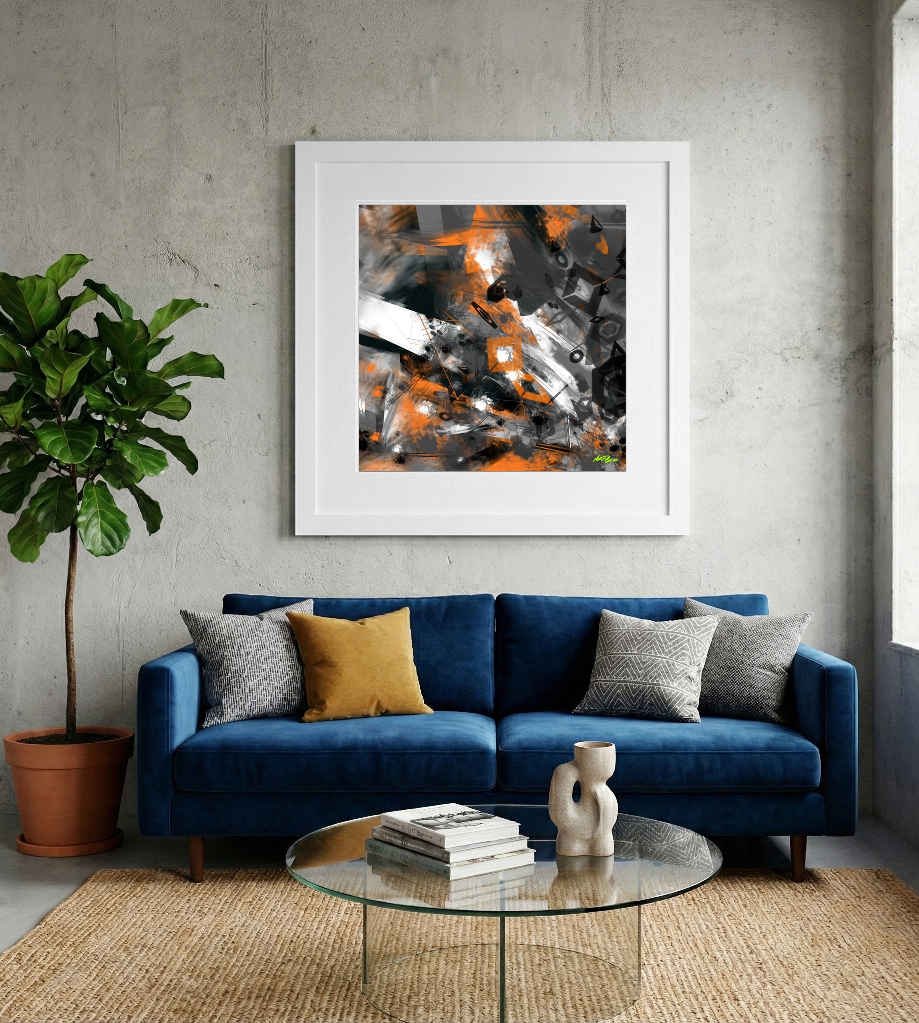 Pumpkin Orange and Gray Geometric Digital Art — art on the wall, room interior preview 2