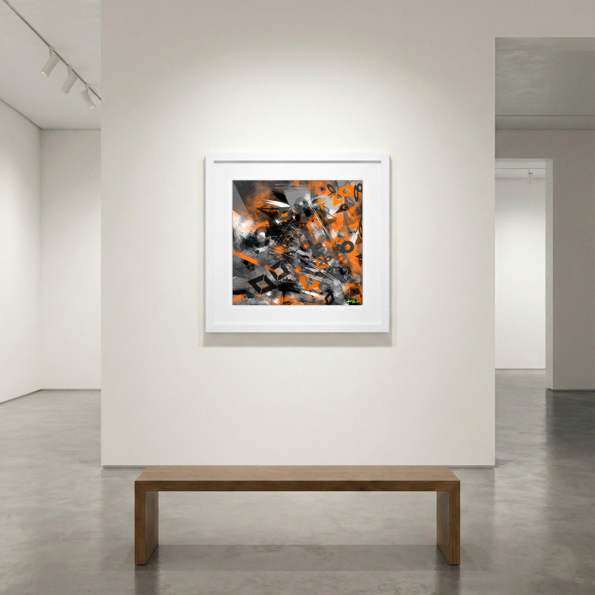 Safety Orange and Charcoal Abstract Digital Composition — art on the wall, room interior preview 1