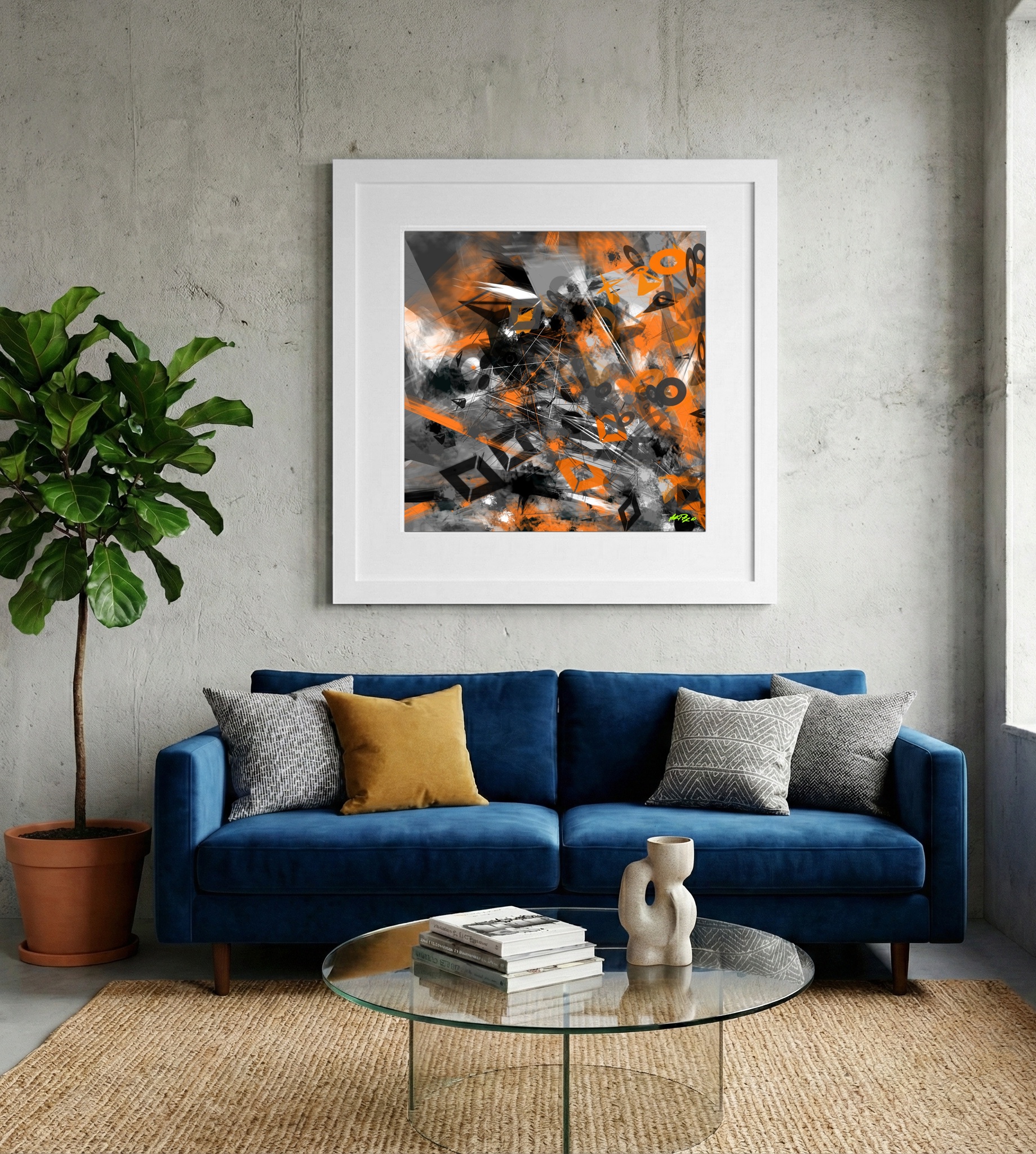 Safety Orange and Charcoal Abstract Digital Composition — art on the wall, room interior preview 2