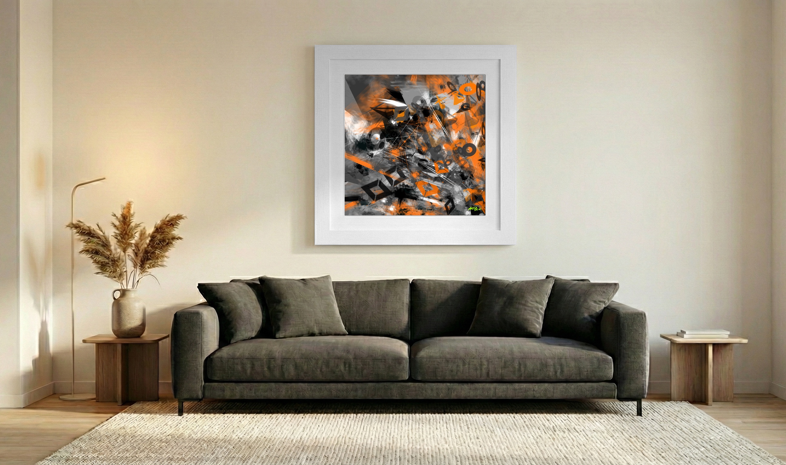 Safety Orange and Charcoal Abstract Digital Composition — art on the wall, room interior preview 3
