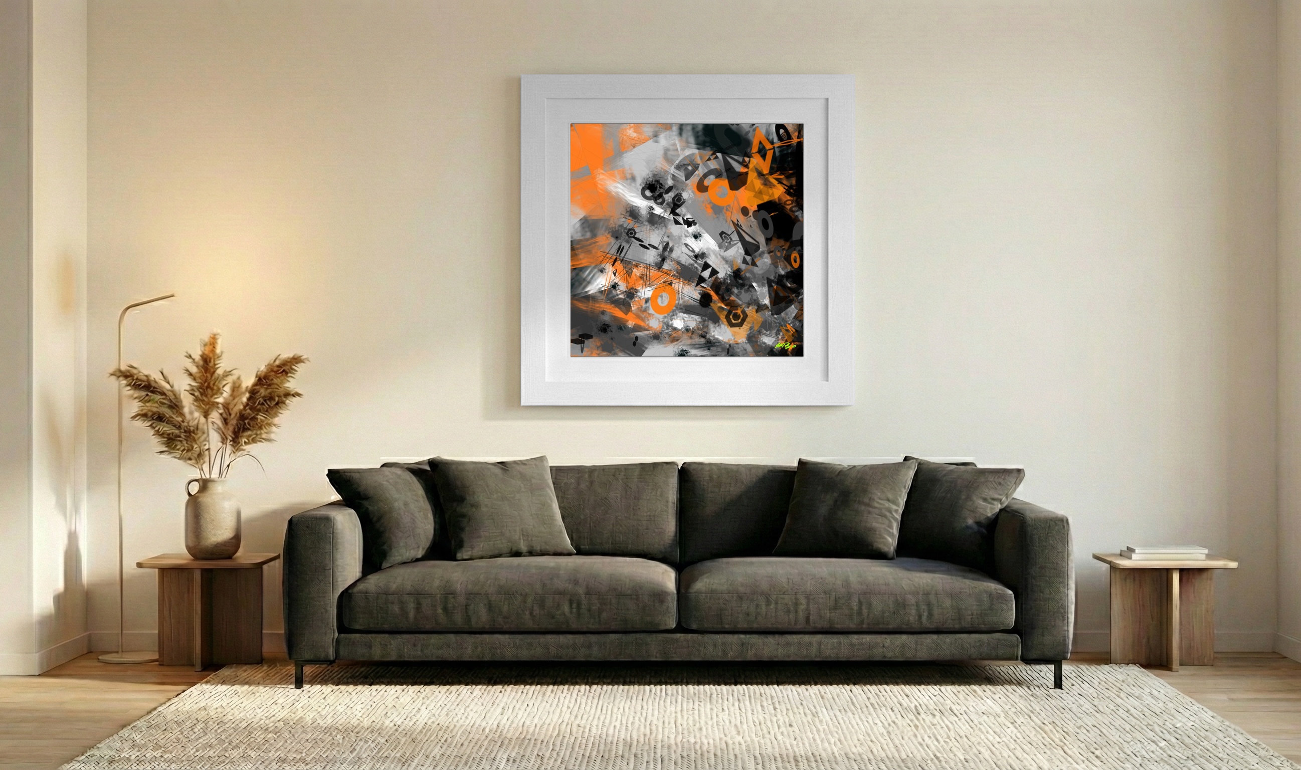 Charcoal and Orange Generative Composition — art on the wall, room interior preview 3