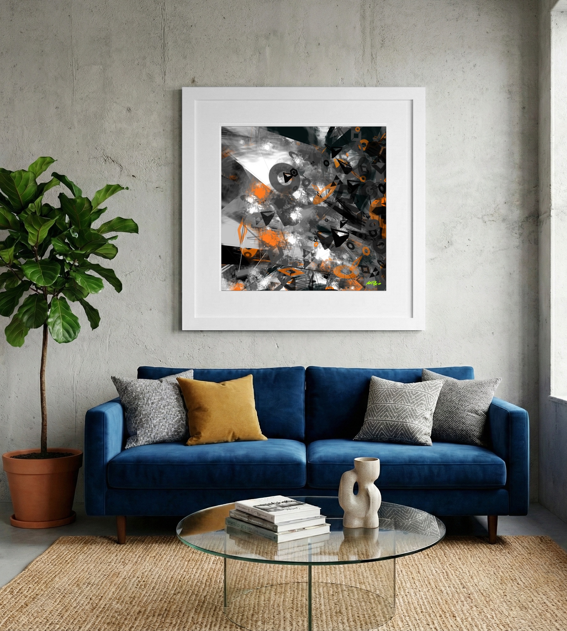 Charcoal and Orange Teal Generative Design — art on the wall, room interior preview 2