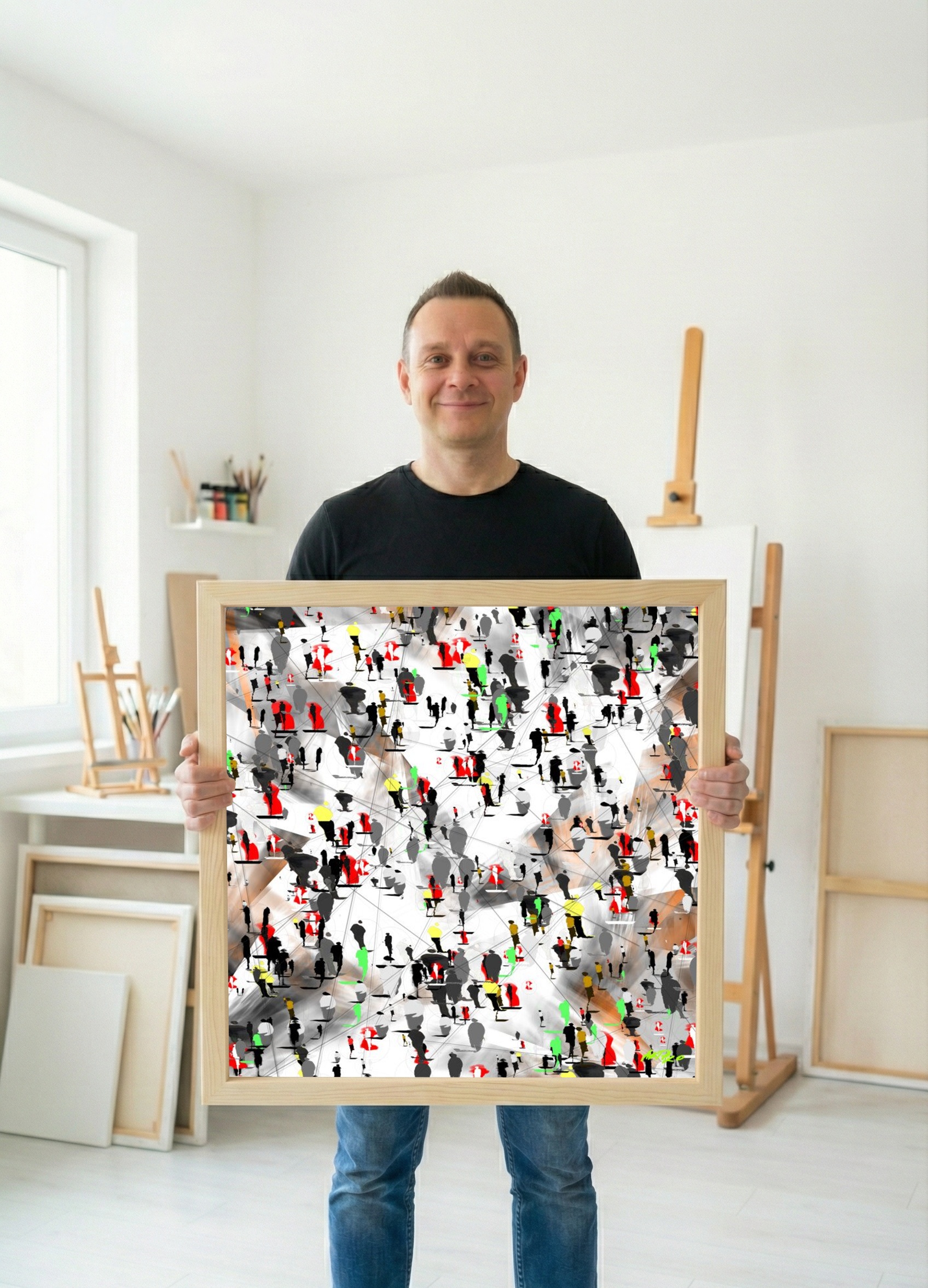 Crimson and Charcoal Urban Figures Digital Art — art on the wall, room interior preview 3