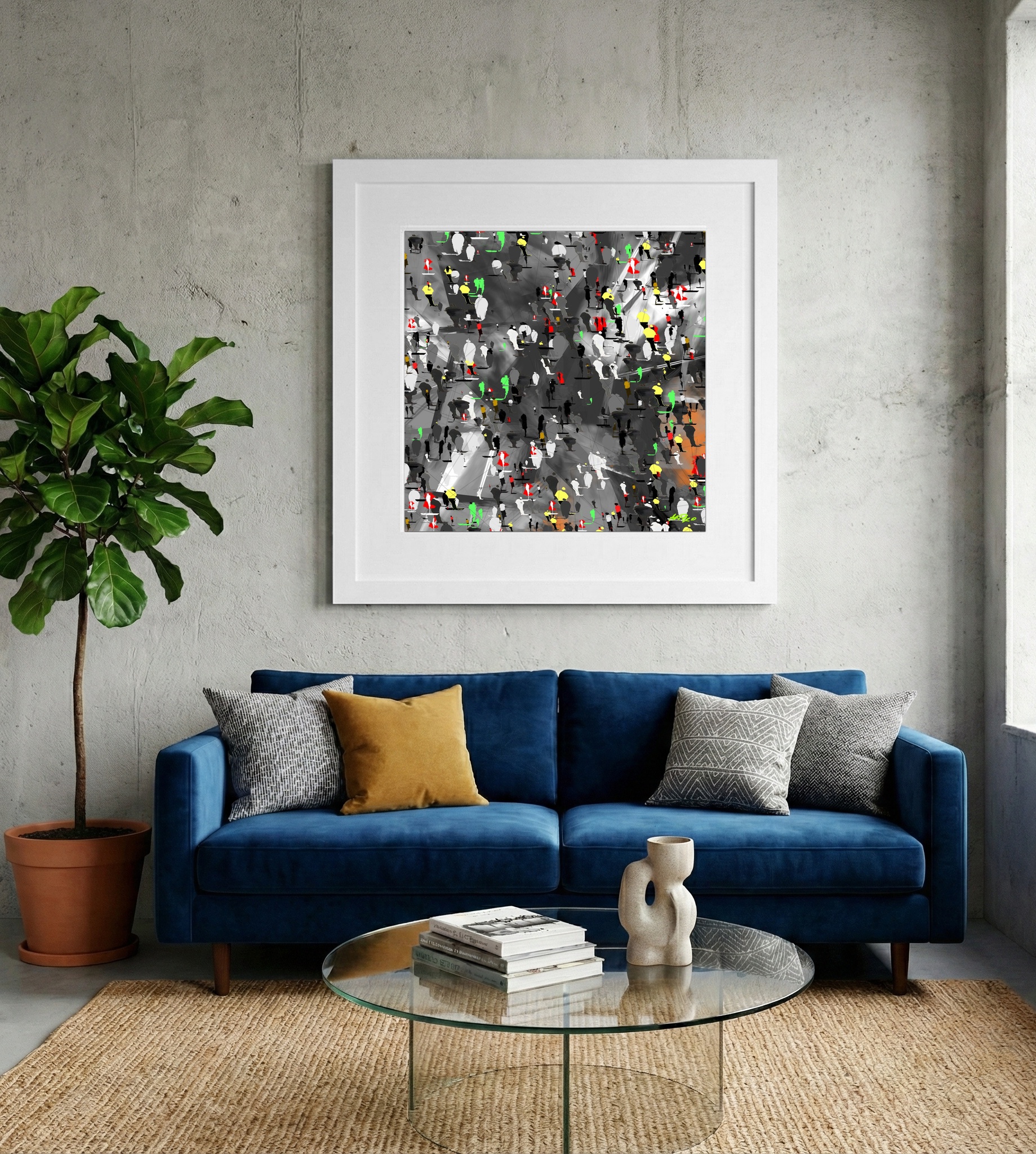 Neon-Coded Figures on Urban Ground Digital Art — art on the wall, room interior preview 2