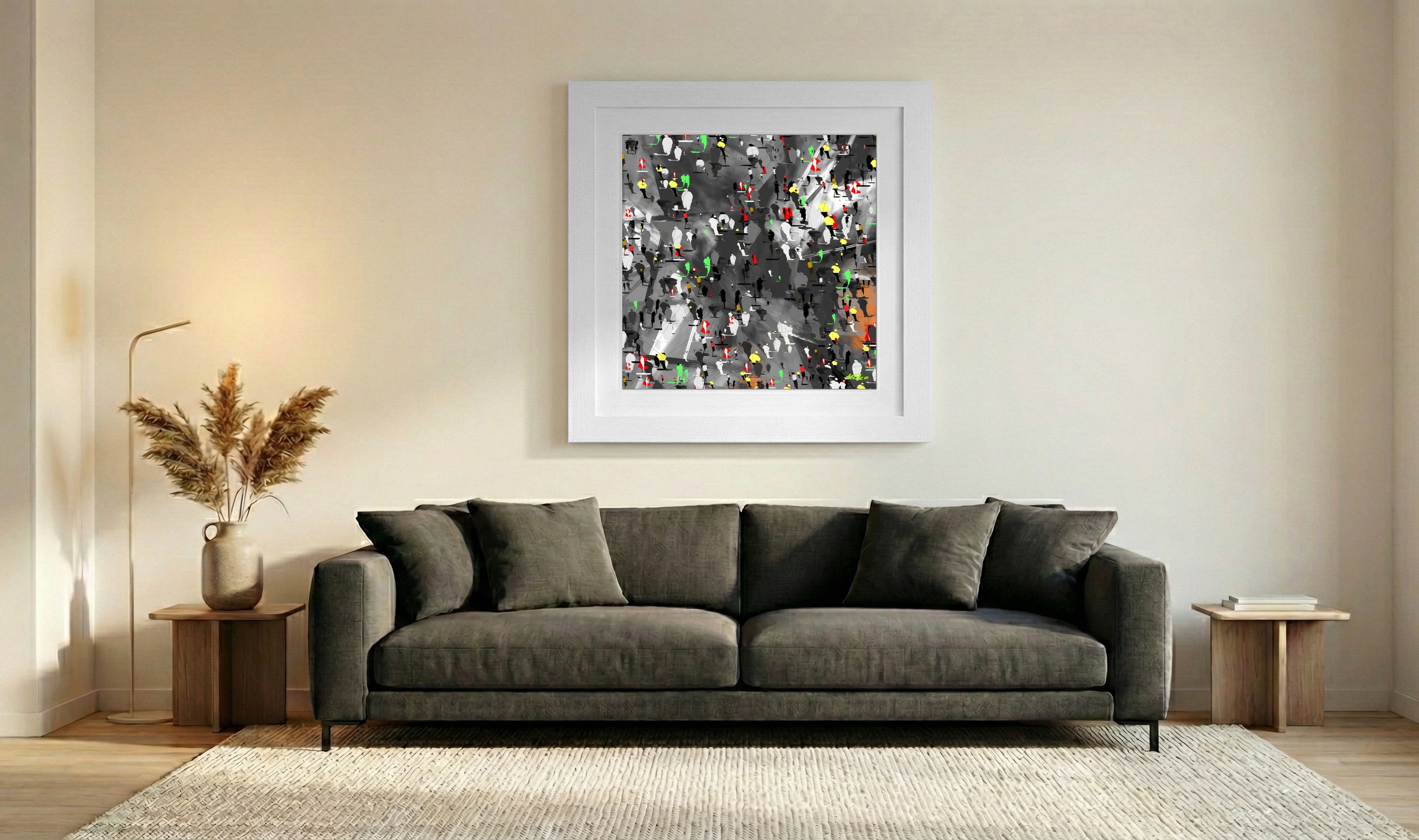 Neon-Coded Figures on Urban Ground Digital Art — art on the wall, room interior preview 3
