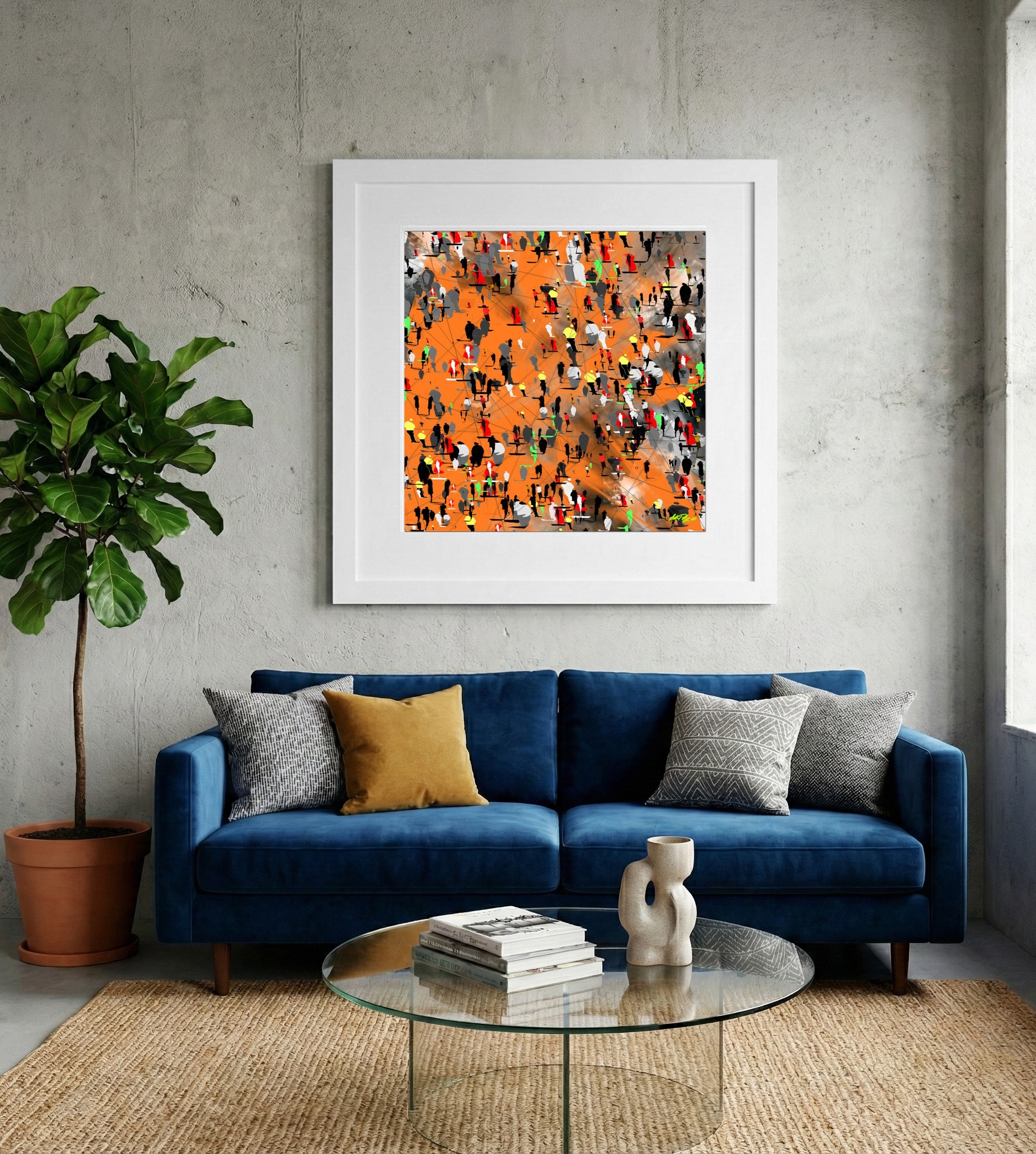 Tangerine Urban Crowd Digital Art — art on the wall, room interior preview 2
