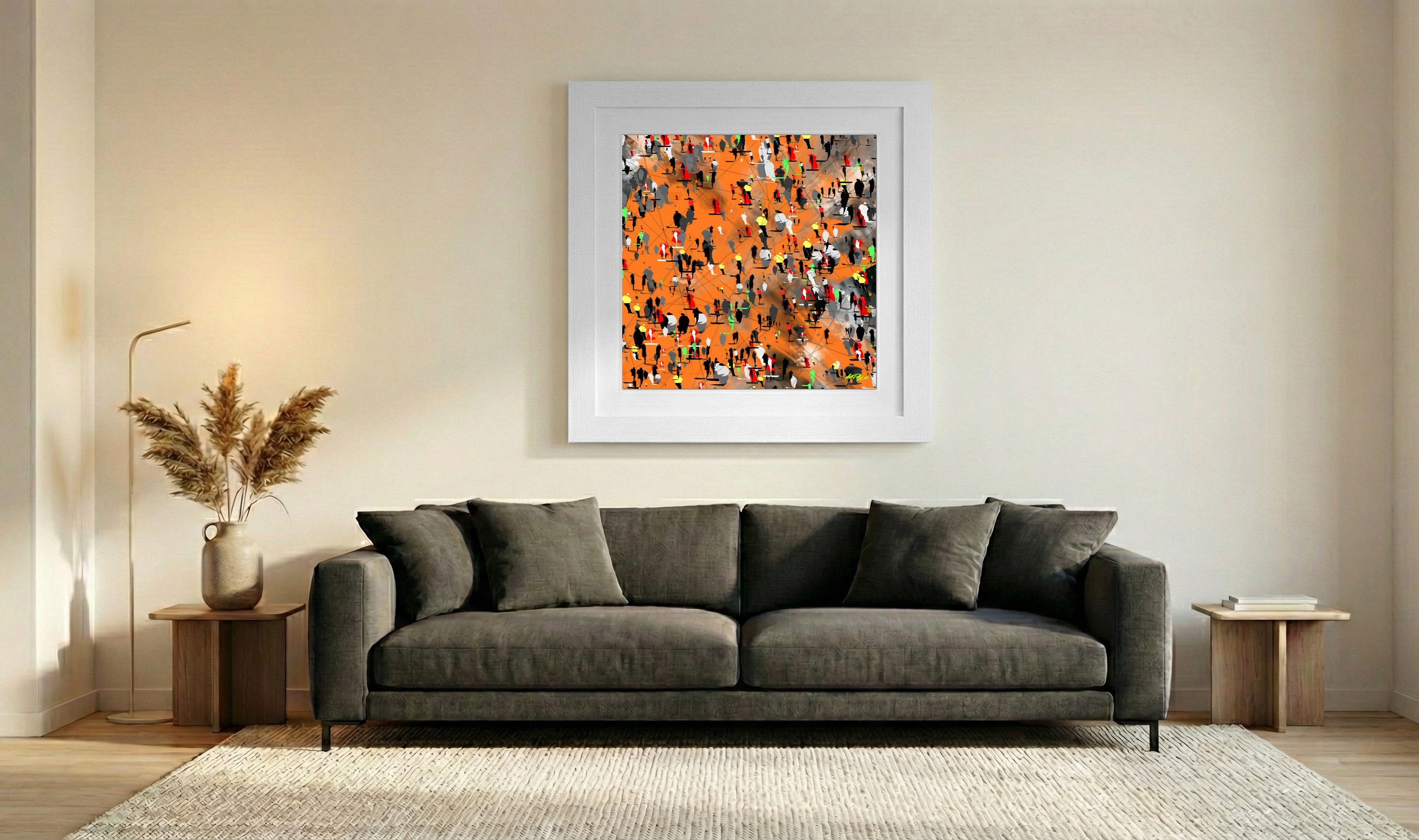 Tangerine Urban Crowd Digital Art — art on the wall, room interior preview 3