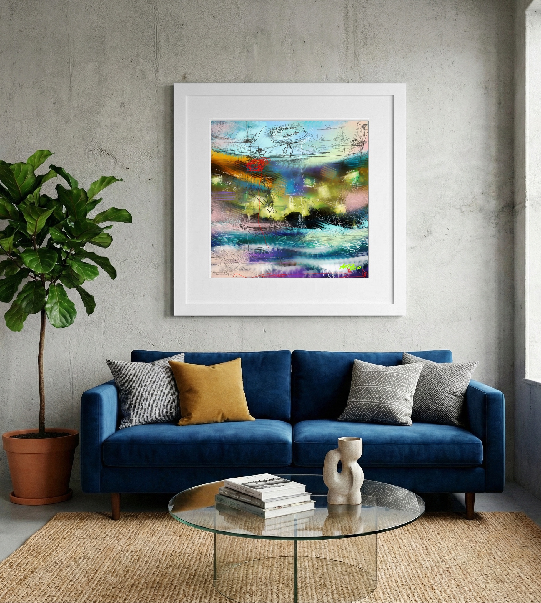 Cerulean and Ochre Abstract Digital Art — art on the wall, room interior preview 2