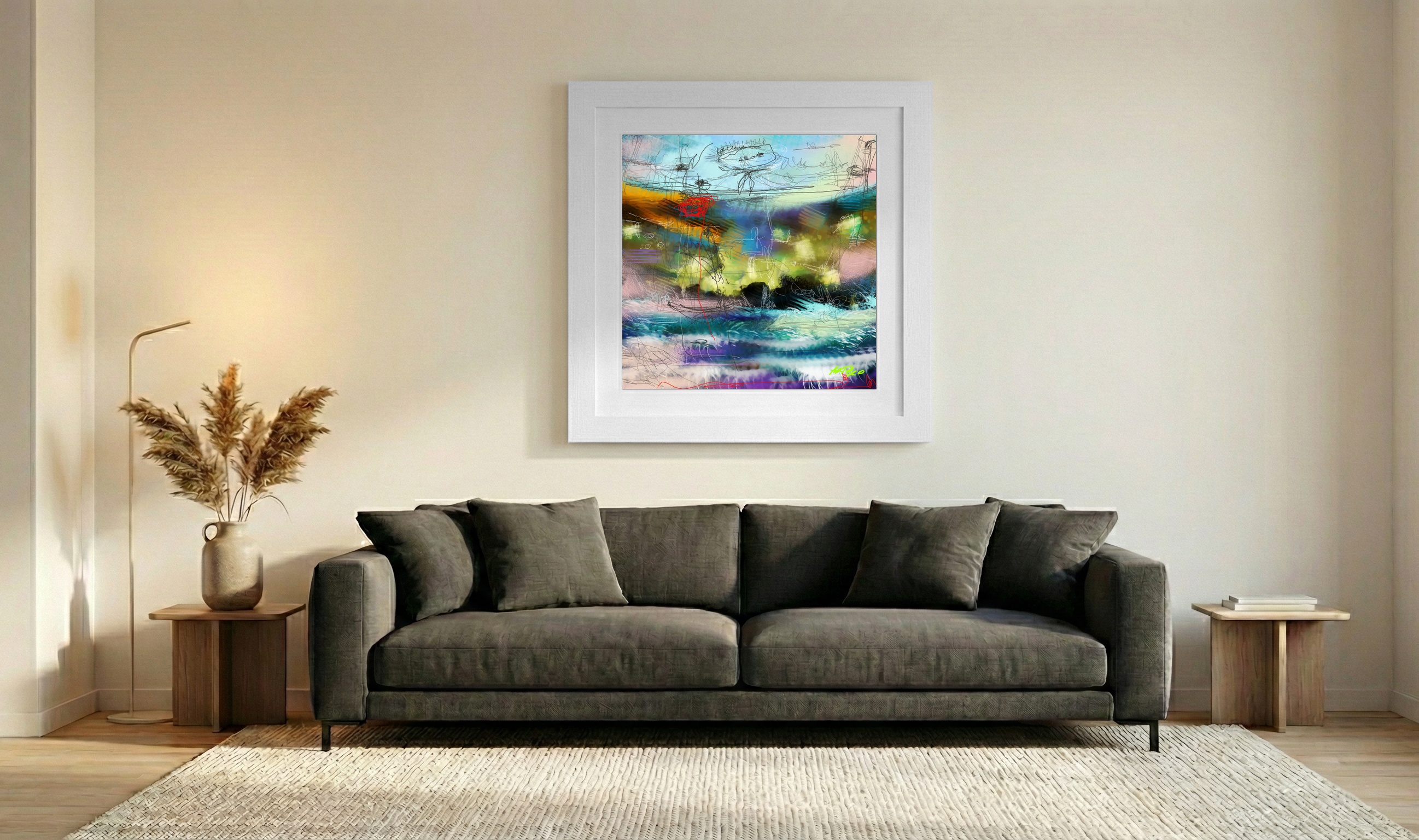 Cerulean and Ochre Abstract Digital Art — art on the wall, room interior preview 3