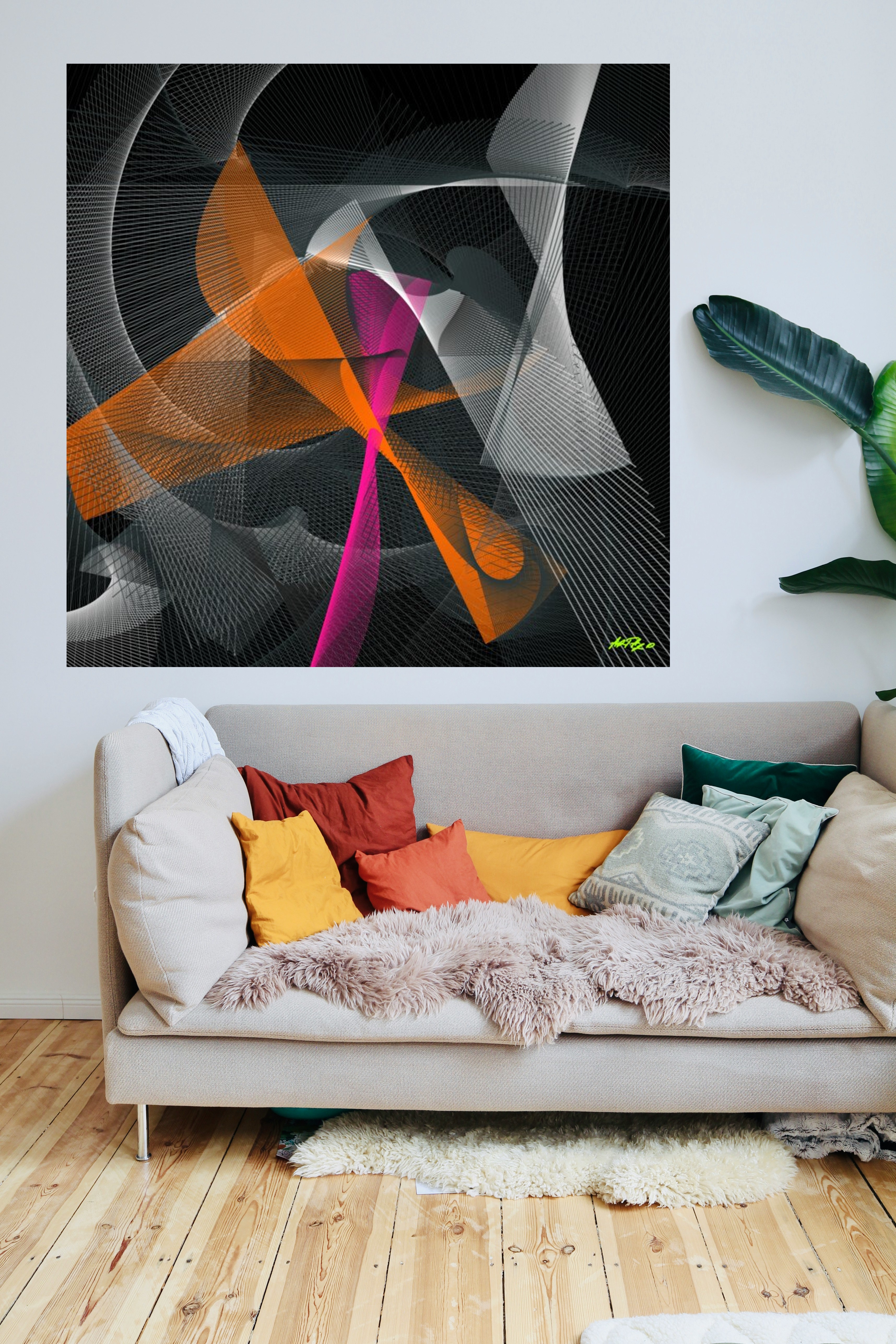 Magenta and Slate Digital Line Art — art on the wall, room interior preview 1