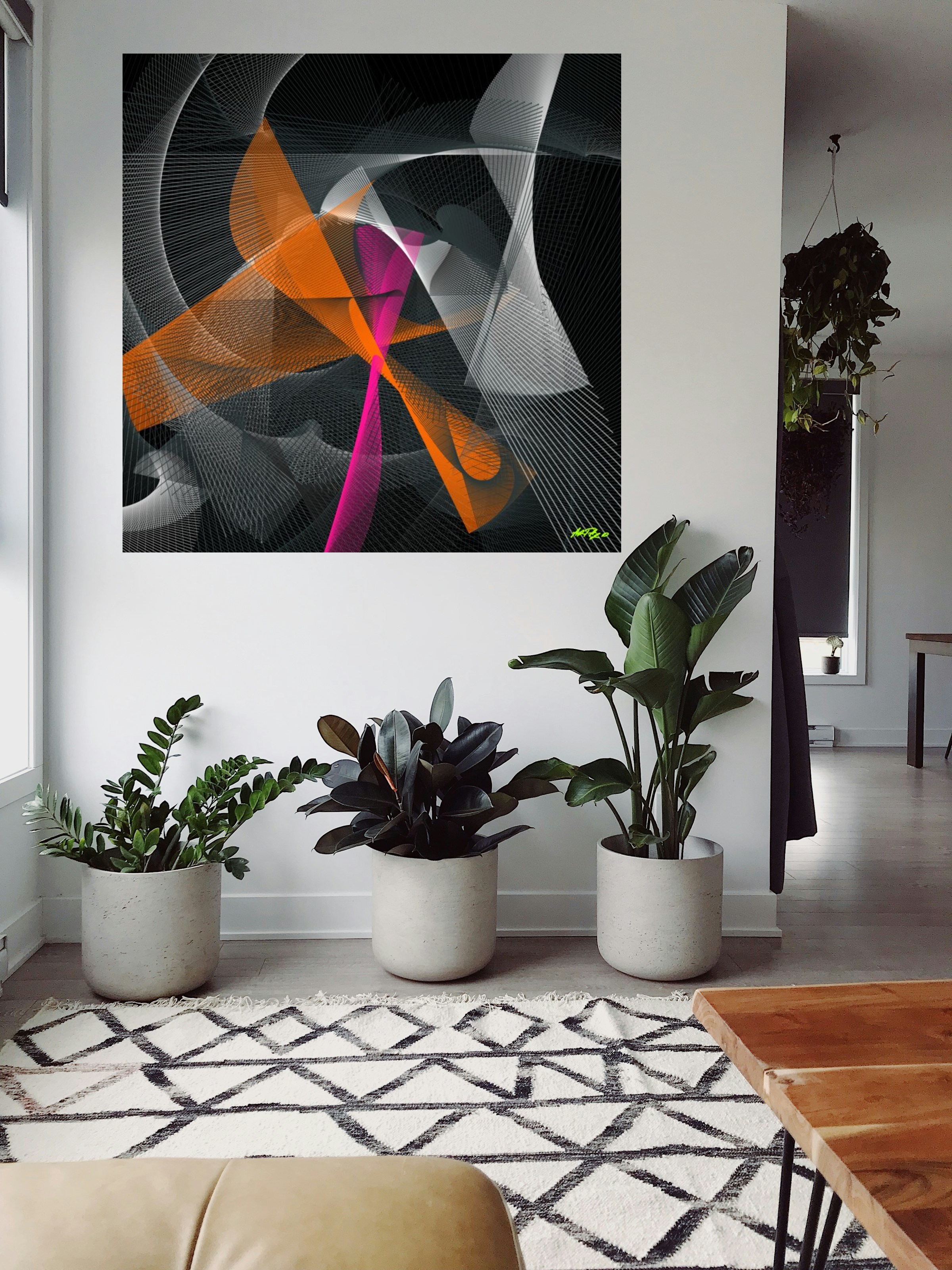 Magenta and Slate Digital Line Art — art on the wall, room interior preview 2