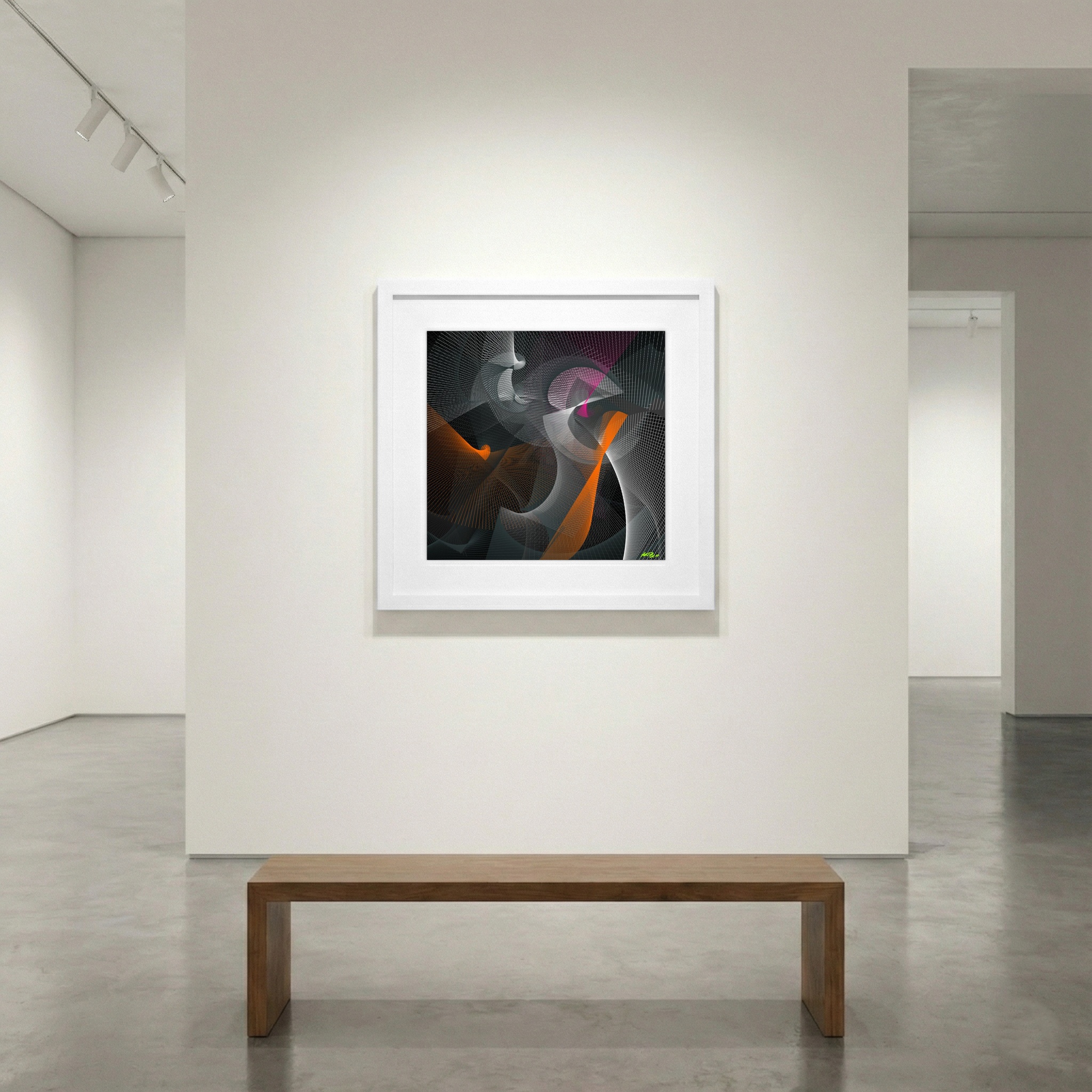 Dynamic Orange and Gray Digital Art — art on the wall, room interior preview 1