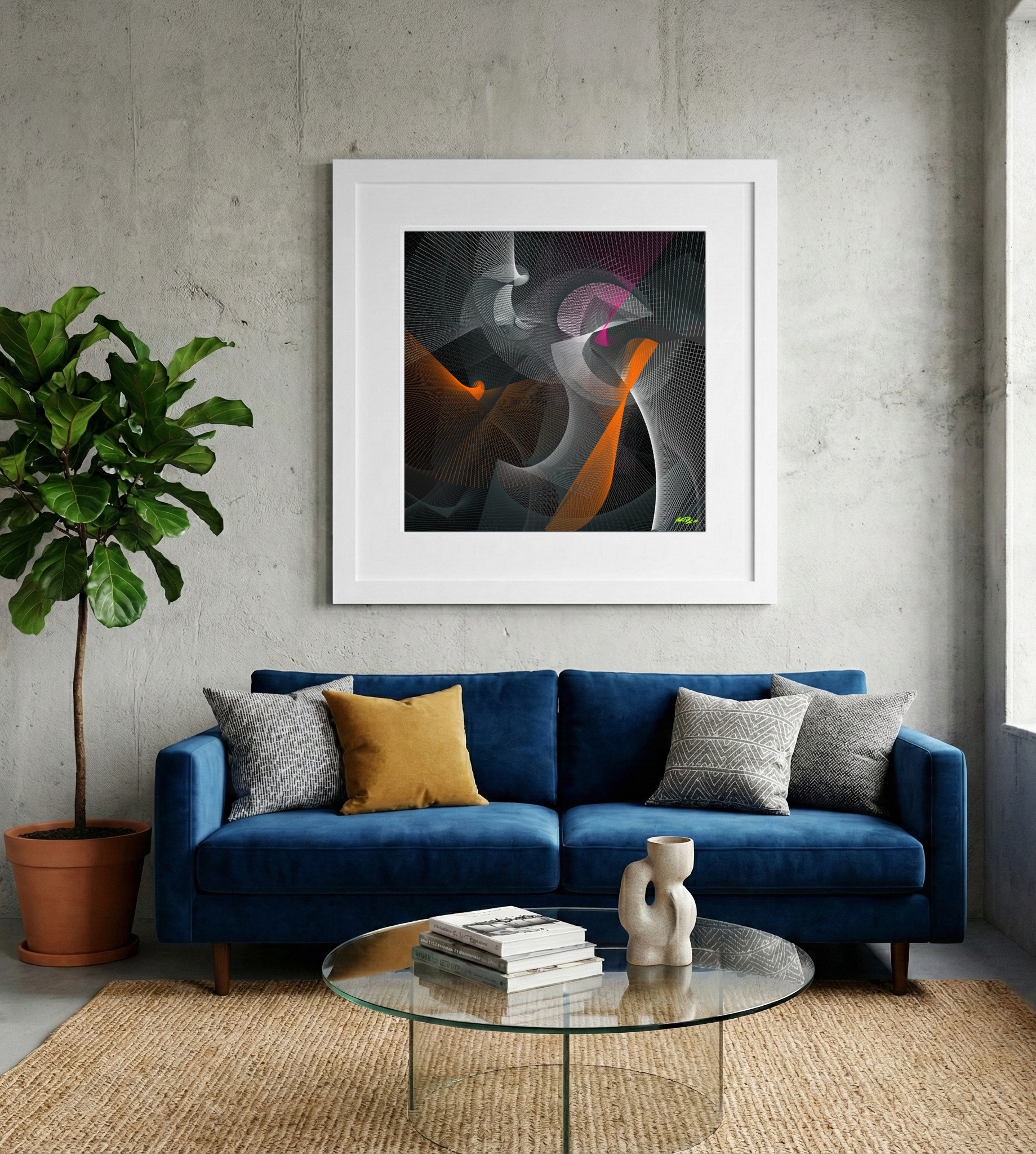Dynamic Orange and Gray Digital Art — art on the wall, room interior preview 2