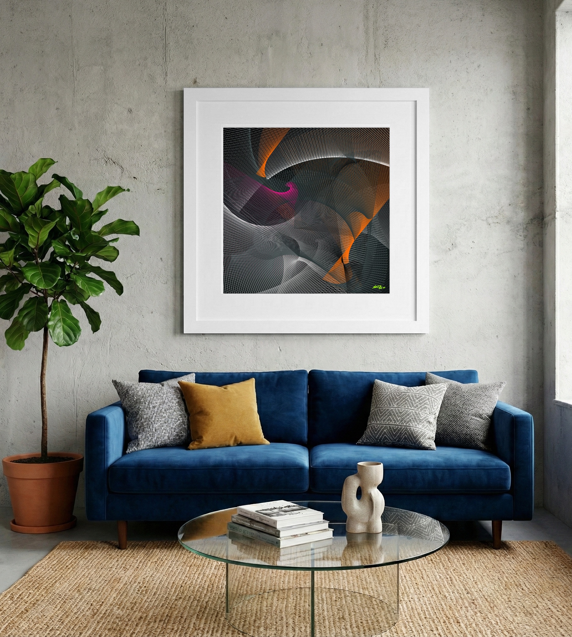 Tangerine and Magenta Wave Digital Piece — art on the wall, room interior preview 2