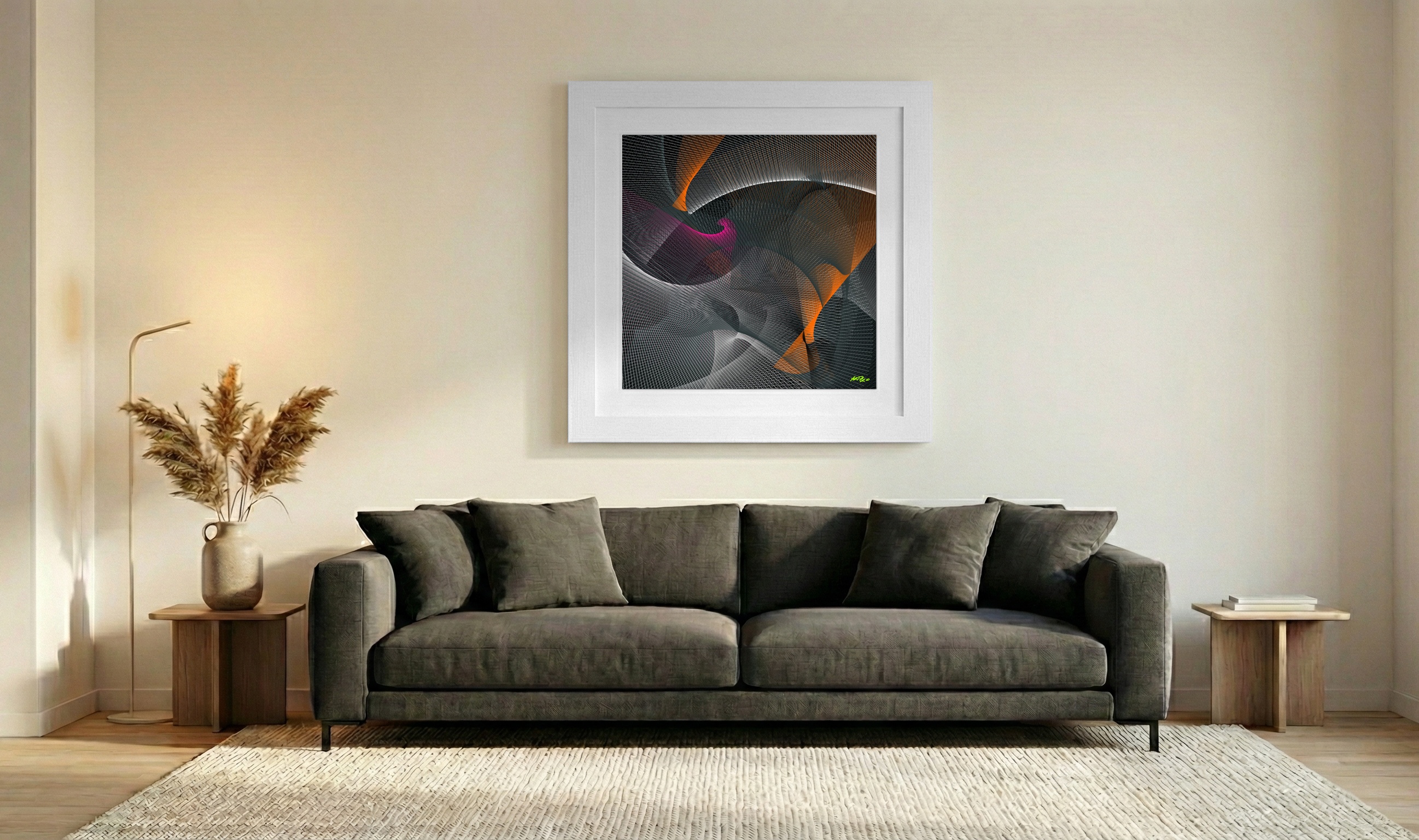 Tangerine and Magenta Wave Digital Piece — art on the wall, room interior preview 3