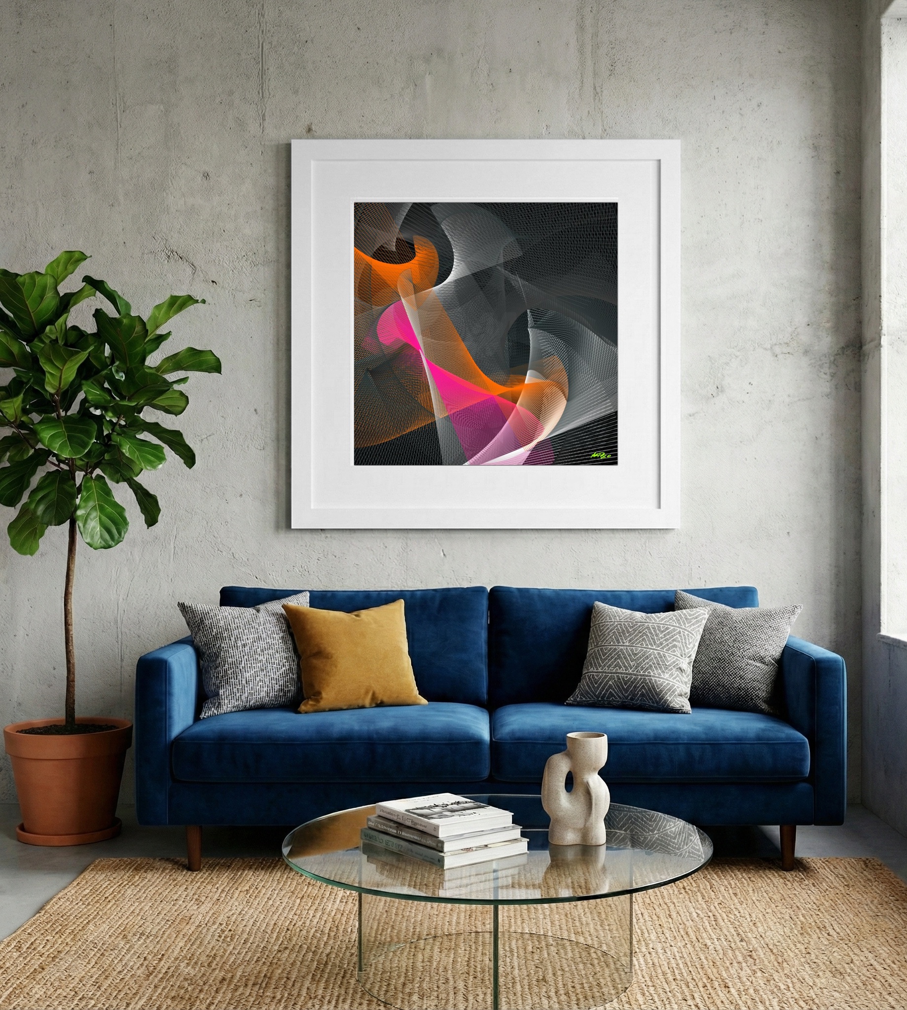 Tangerine and Magenta Digital Flow — art on the wall, room interior preview 2