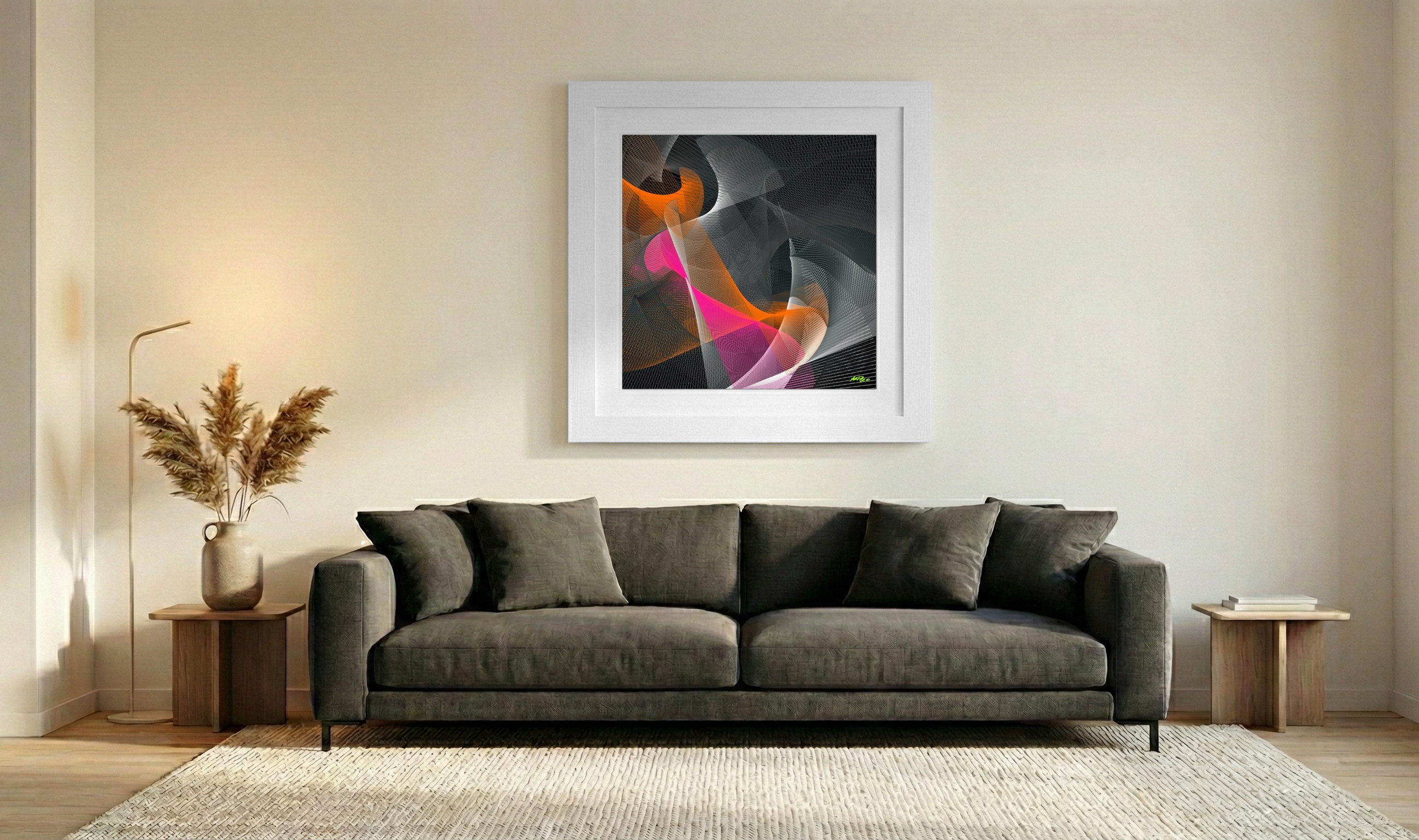 Tangerine and Magenta Digital Flow — art on the wall, room interior preview 3