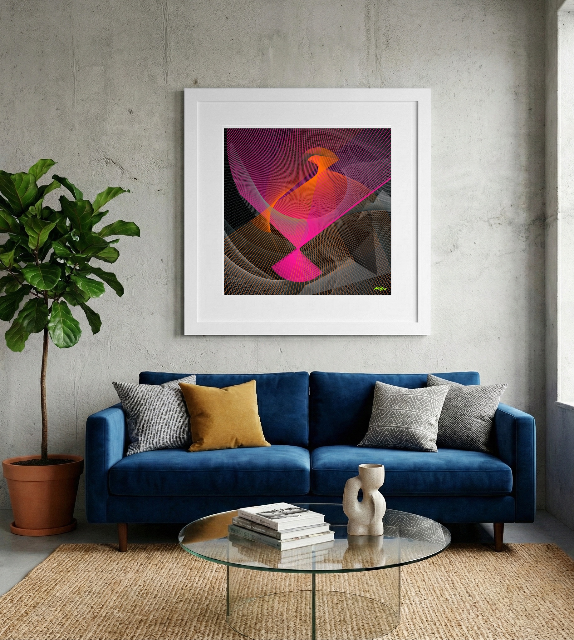 Kinetic Magenta and Orange Weave — art on the wall, room interior preview 2
