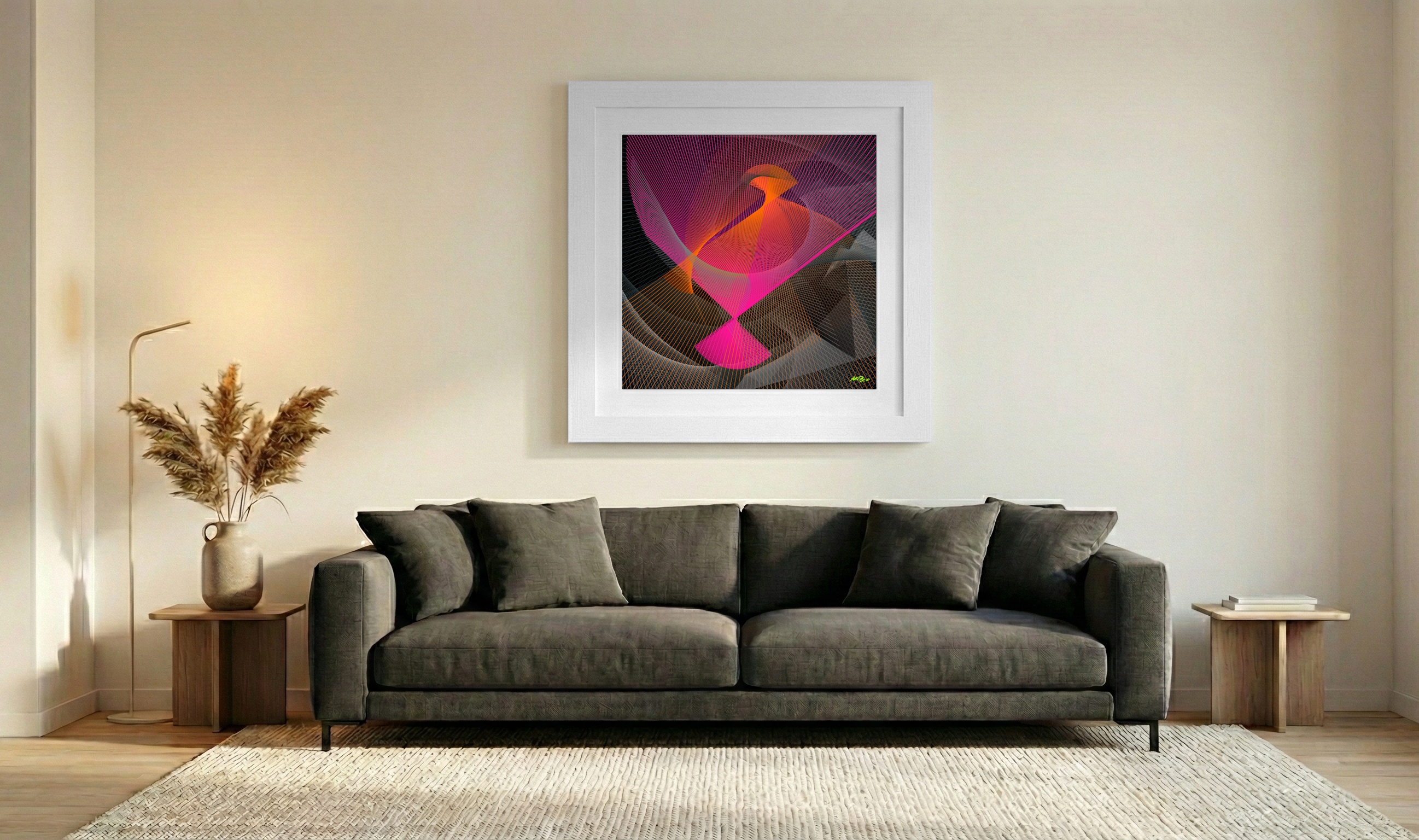 Kinetic Magenta and Orange Weave — art on the wall, room interior preview 3