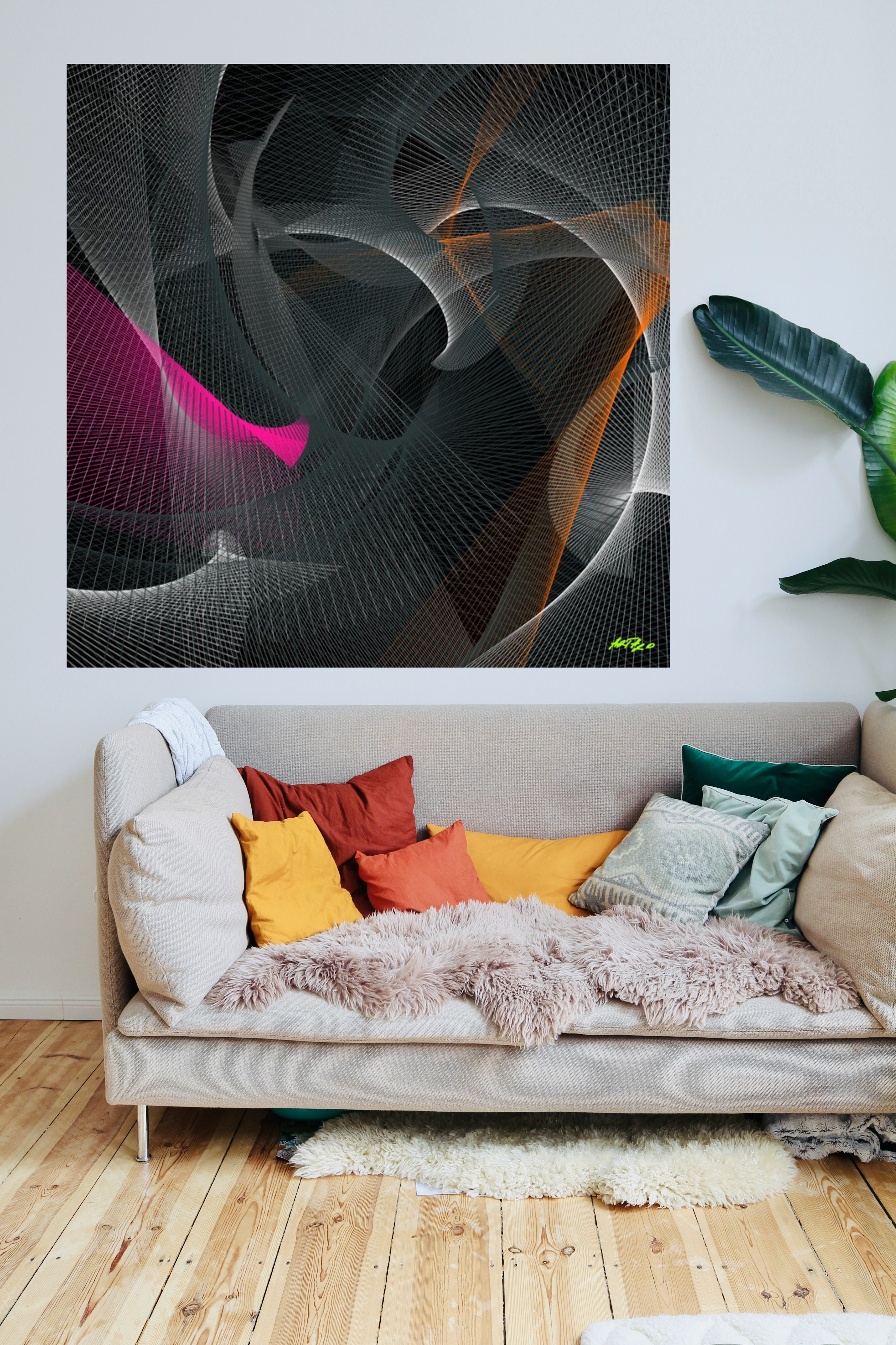 Magenta and Amber Abstract Digital Piece — art on the wall, room interior preview 2