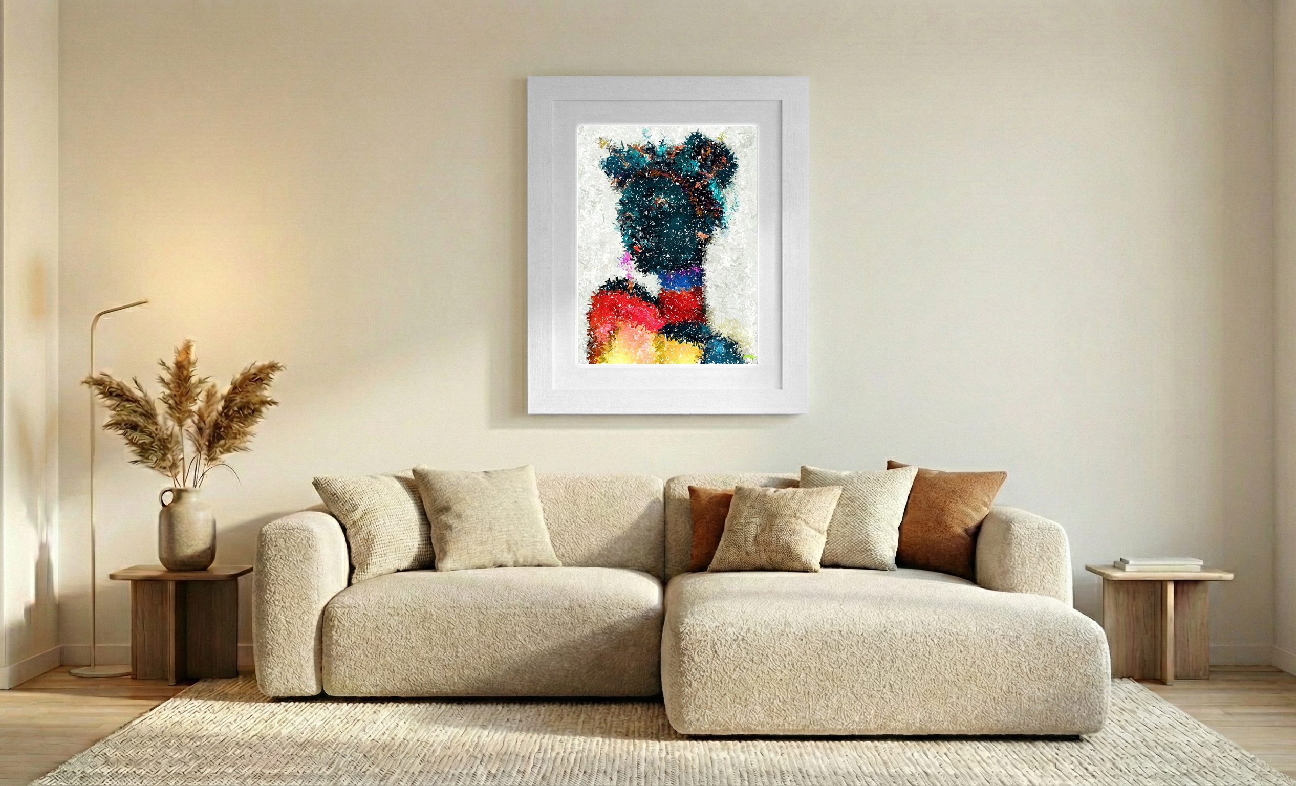 Teal and Cerulean Afro Girl Portrait — art on the wall, room interior preview 2