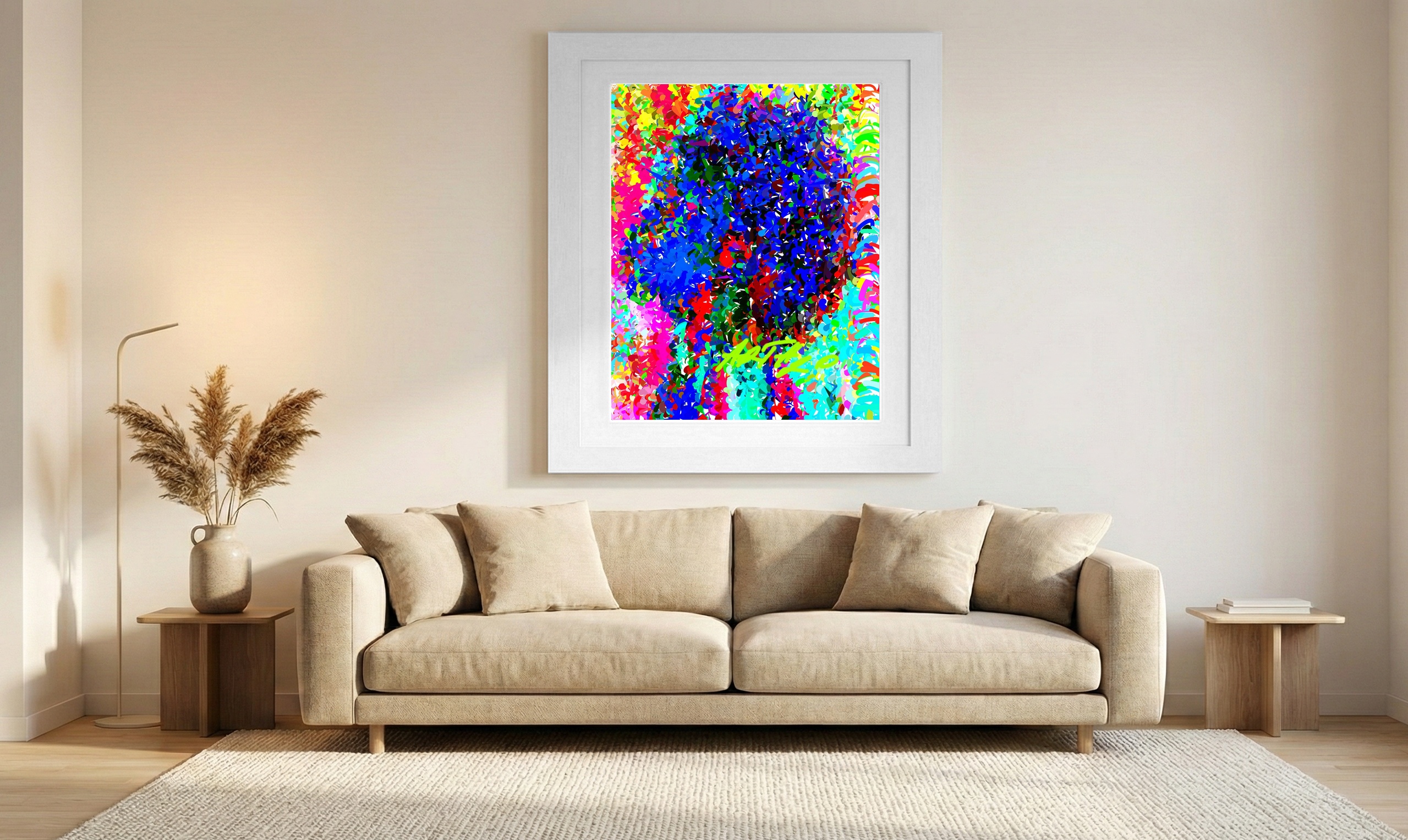 Cerulean and Magenta Abstract Portrait — art on the wall, room interior preview 1
