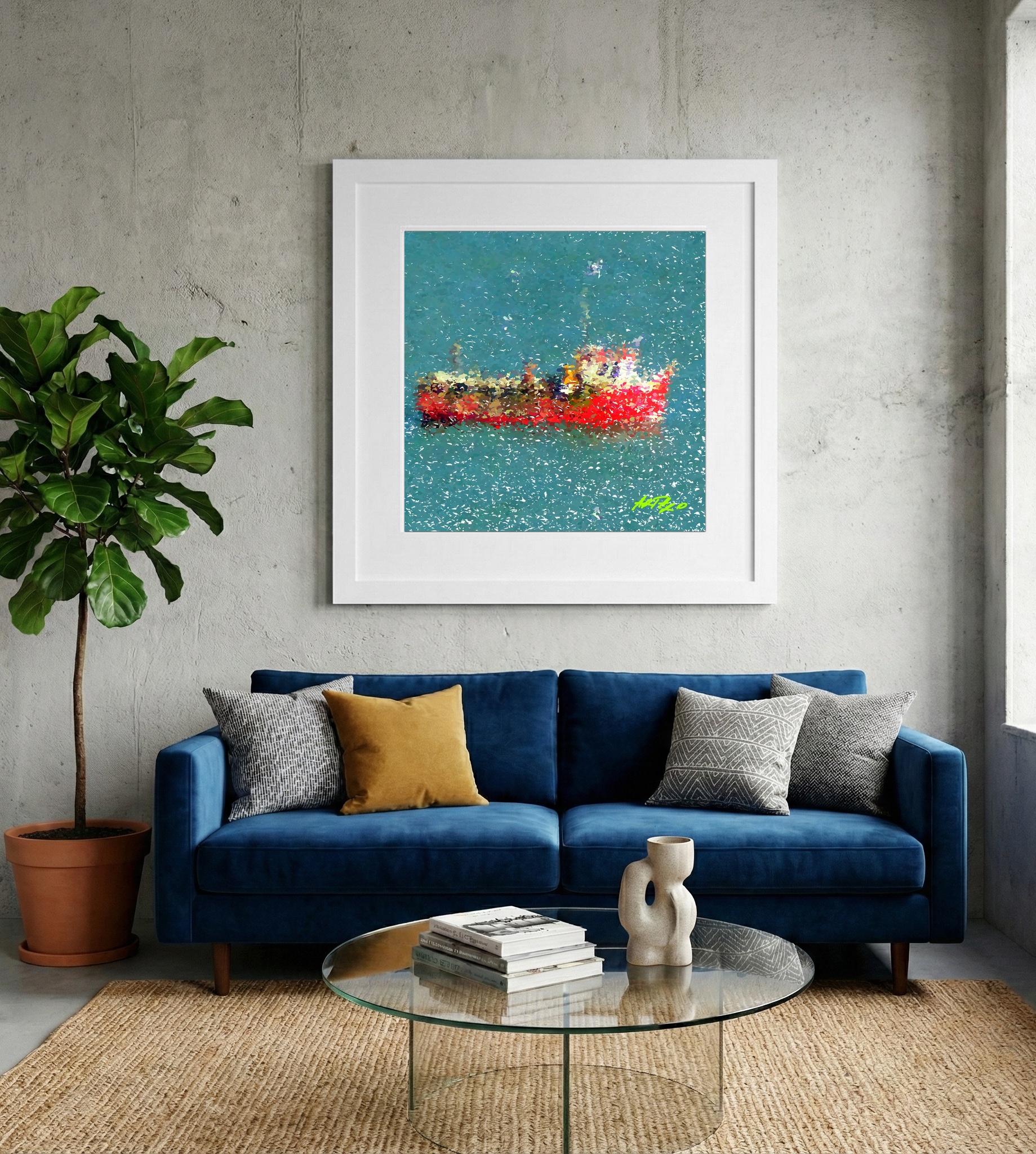 Turquoise Teal Boat Digital Painting — art on the wall, room interior preview 2