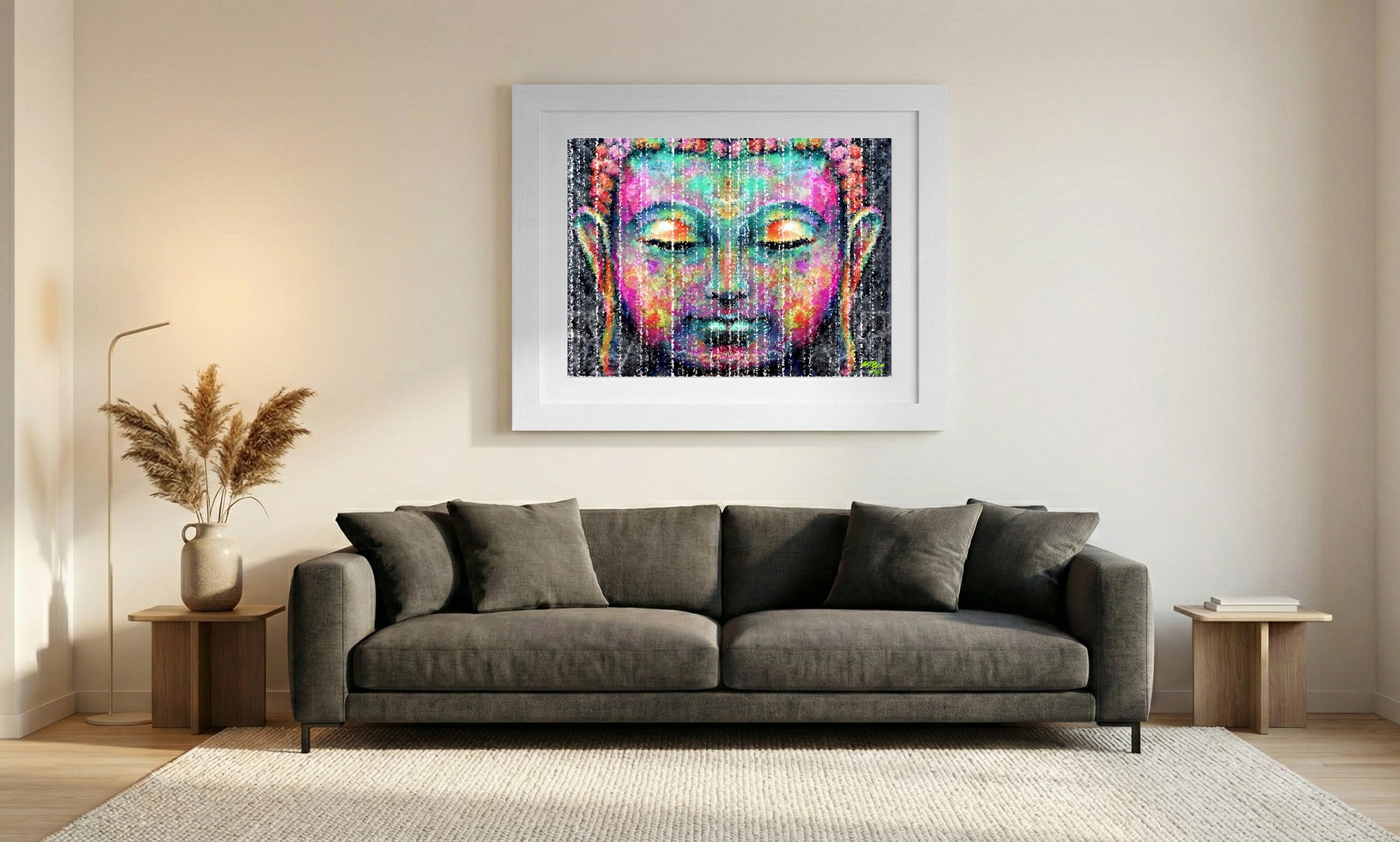 Meditative Magenta and Teal Buddha Digital Art — art on the wall, room interior preview 1