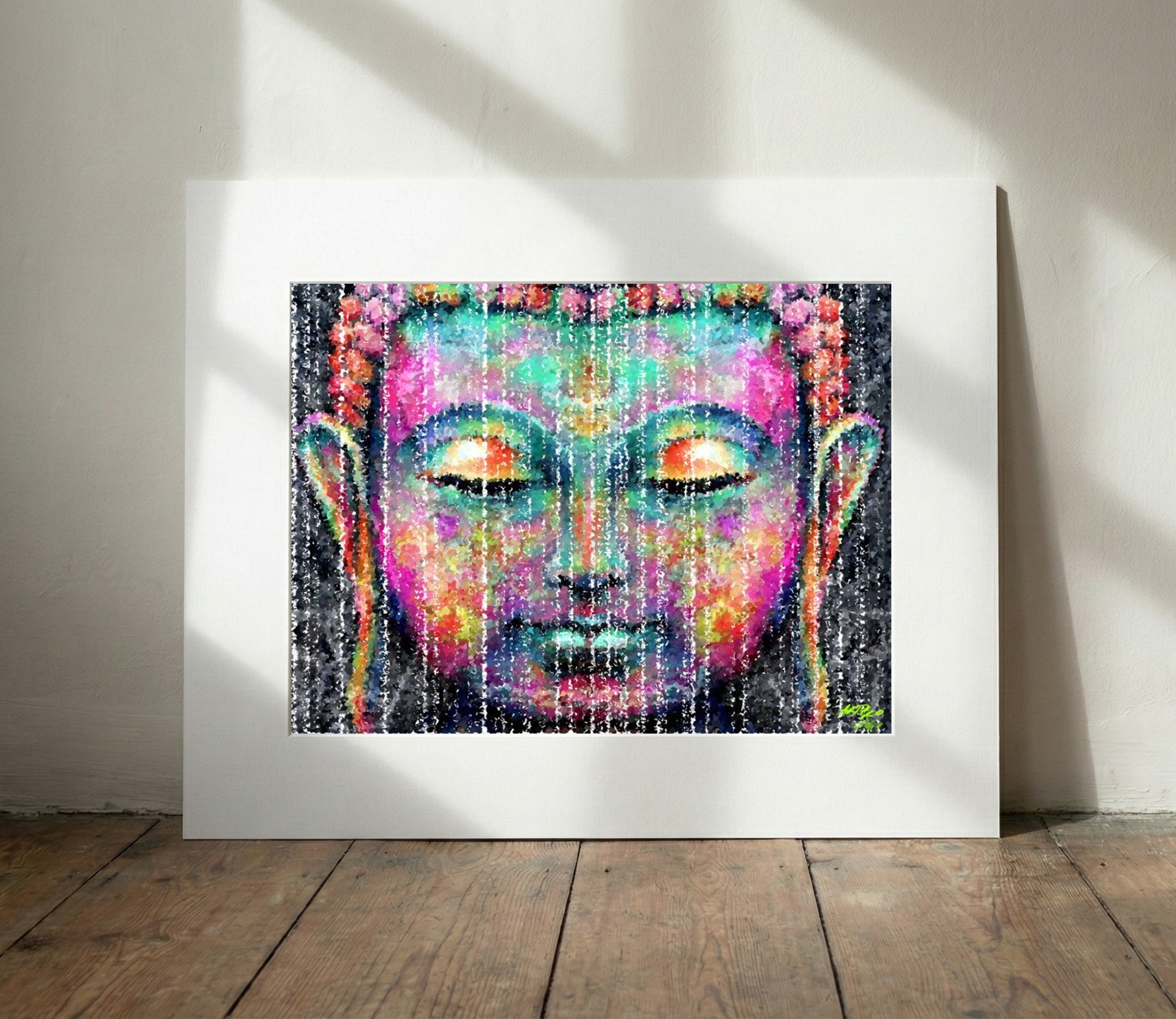 Meditative Magenta and Teal Buddha Digital Art — art on the wall, room interior preview 2