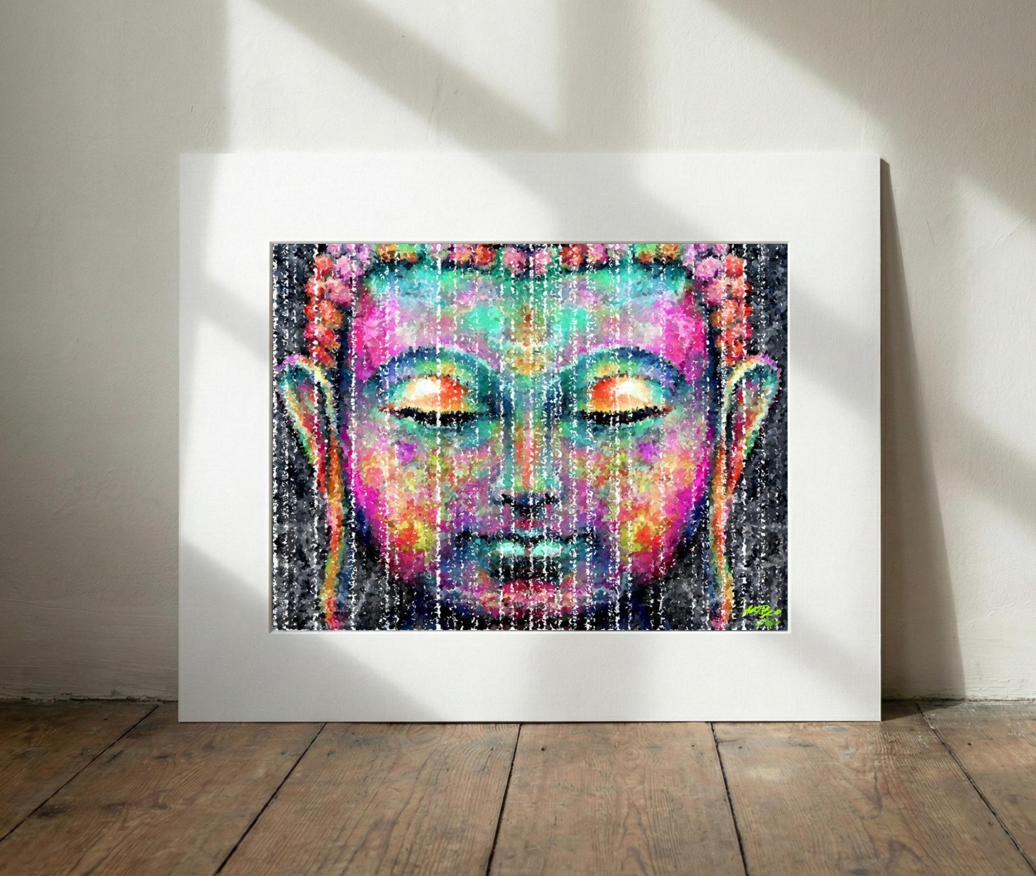 Meditative Magenta and Teal Buddha Digital Art — art on the wall, room interior preview 3