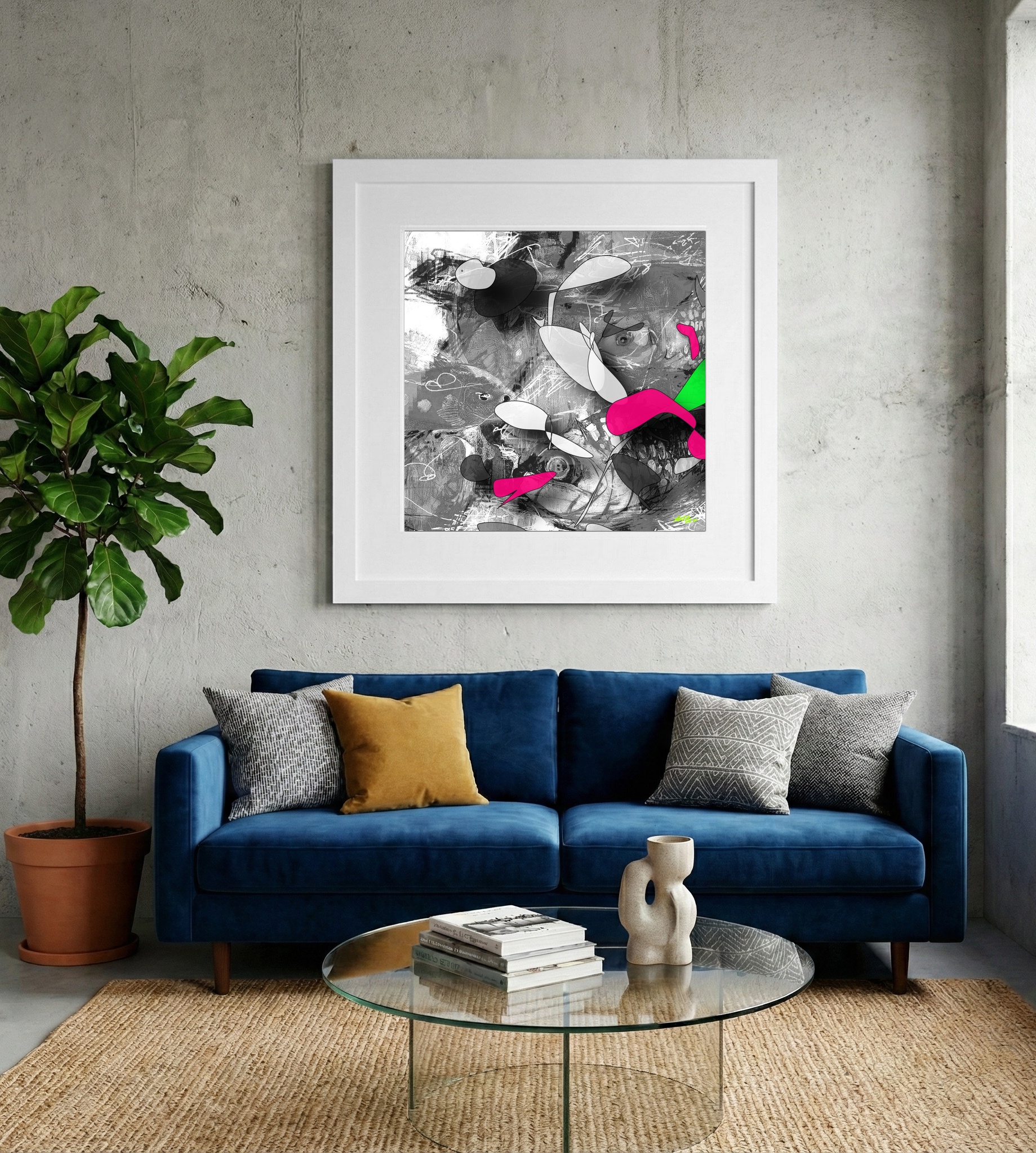 Magenta and Neon Green Digital Fish — art on the wall, room interior preview 2