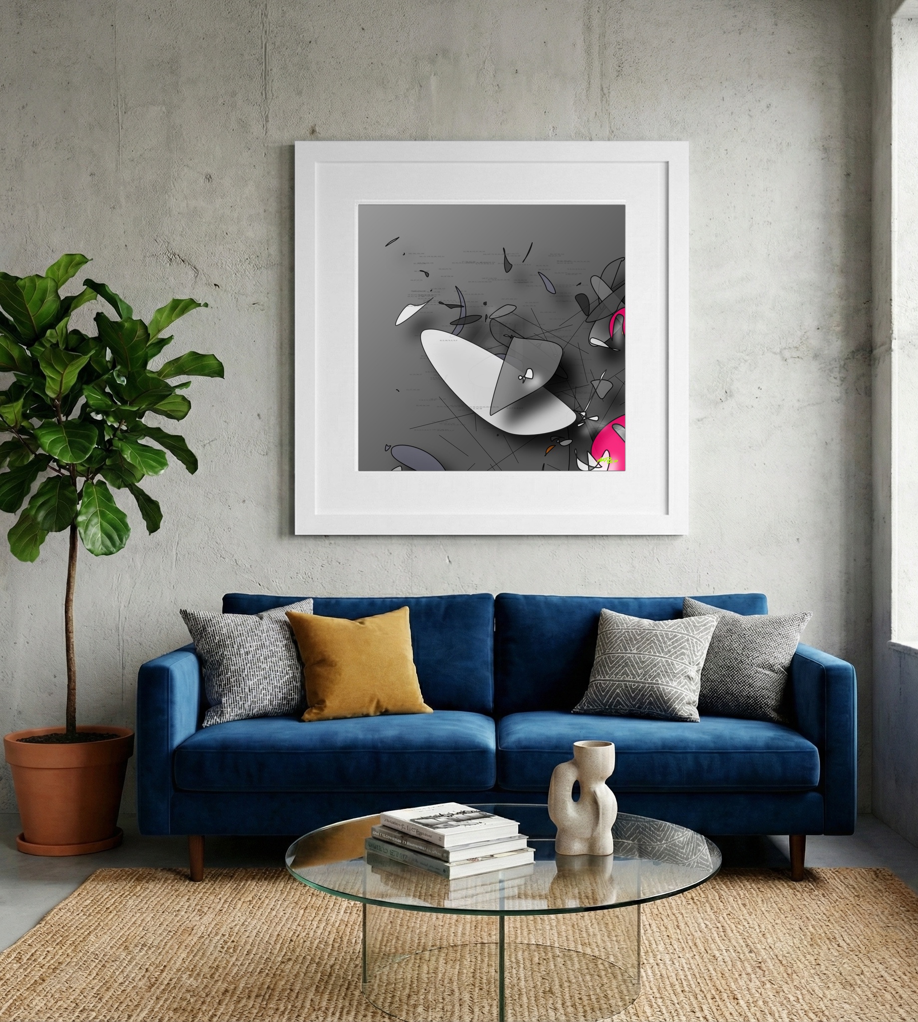 Fuchsia and Gray Blob Digital Artwork — art on the wall, room interior preview 2