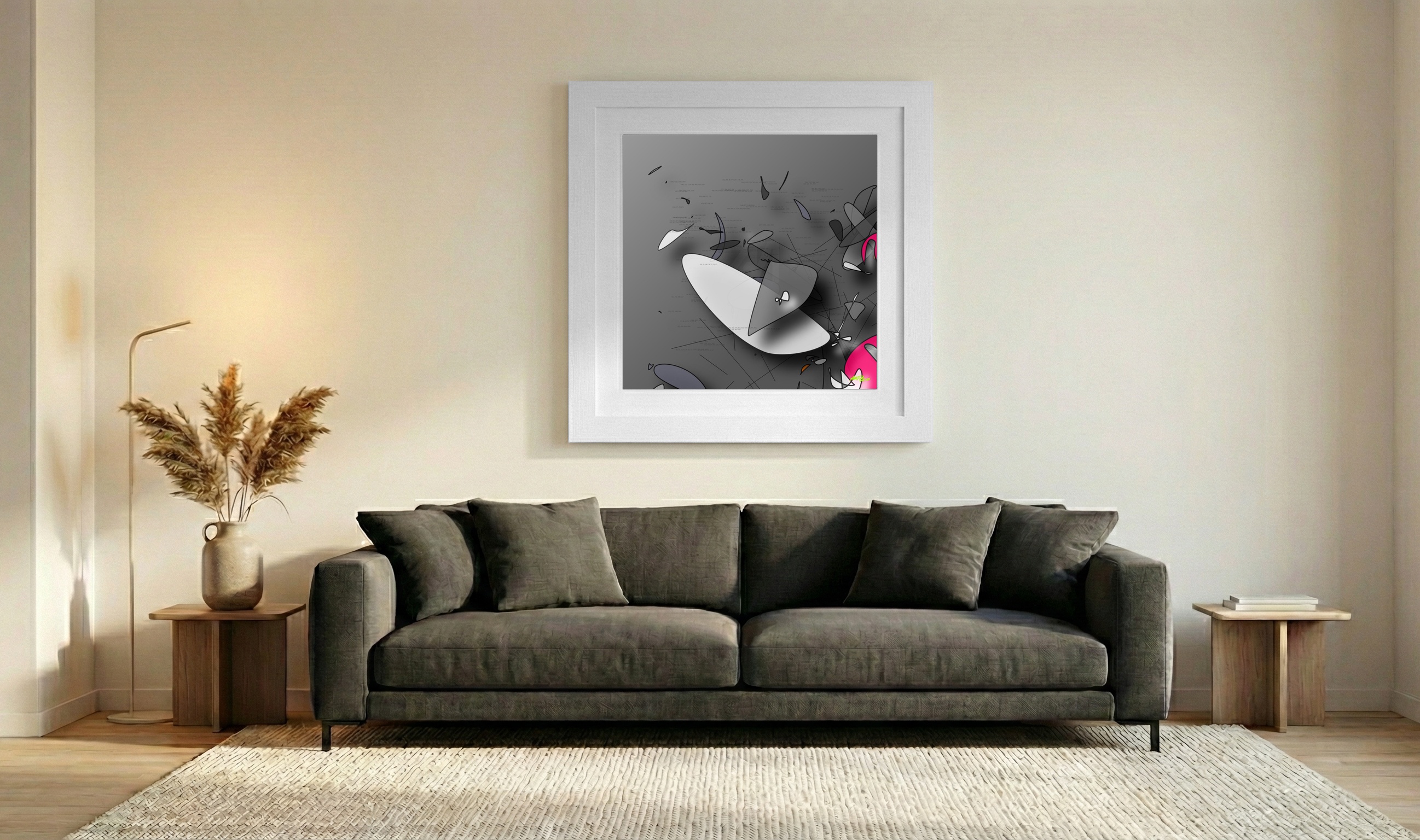 Fuchsia and Gray Blob Digital Artwork — art on the wall, room interior preview 3