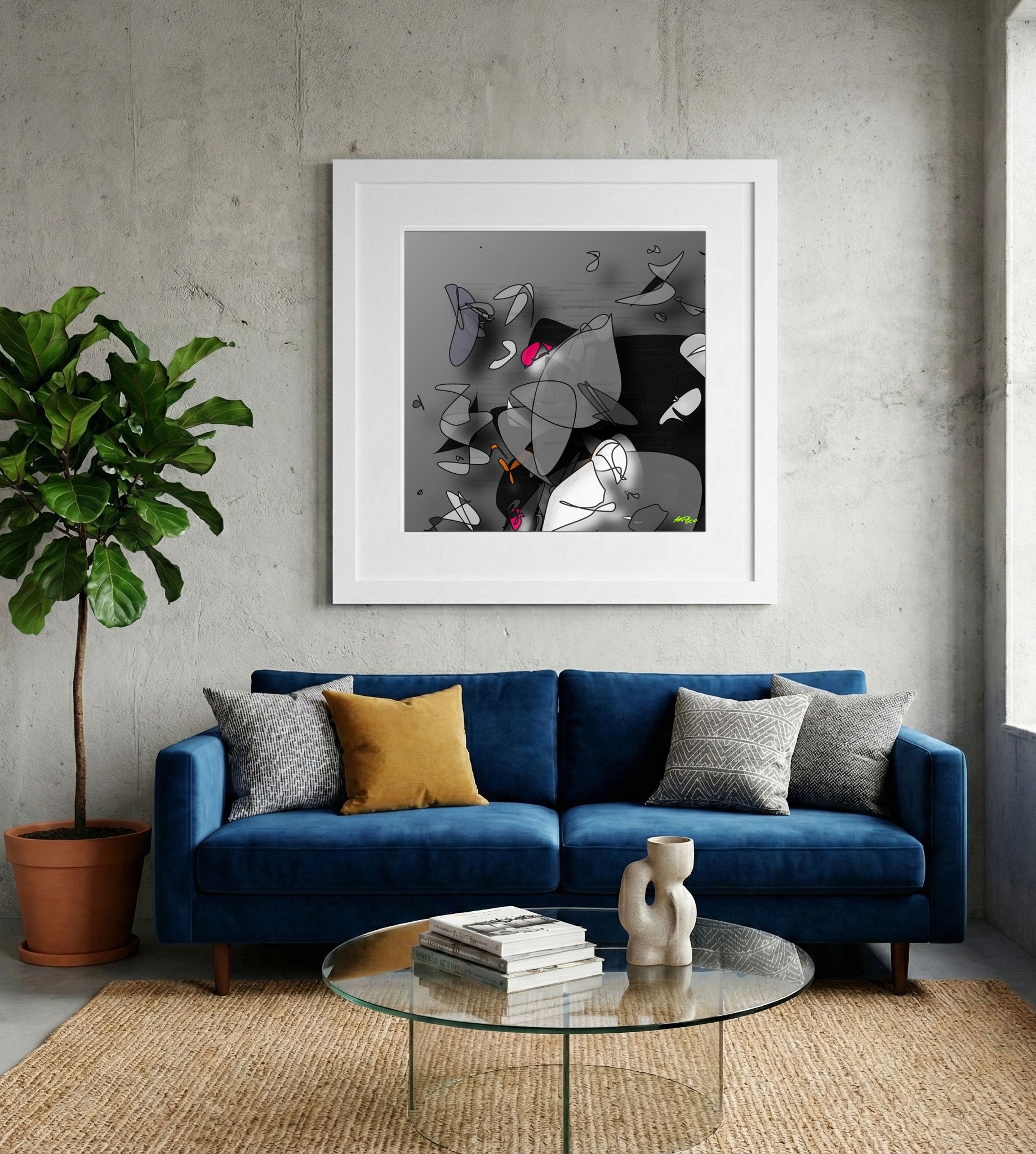 Calm Charcoal and Magenta Composition — art on the wall, room interior preview 2