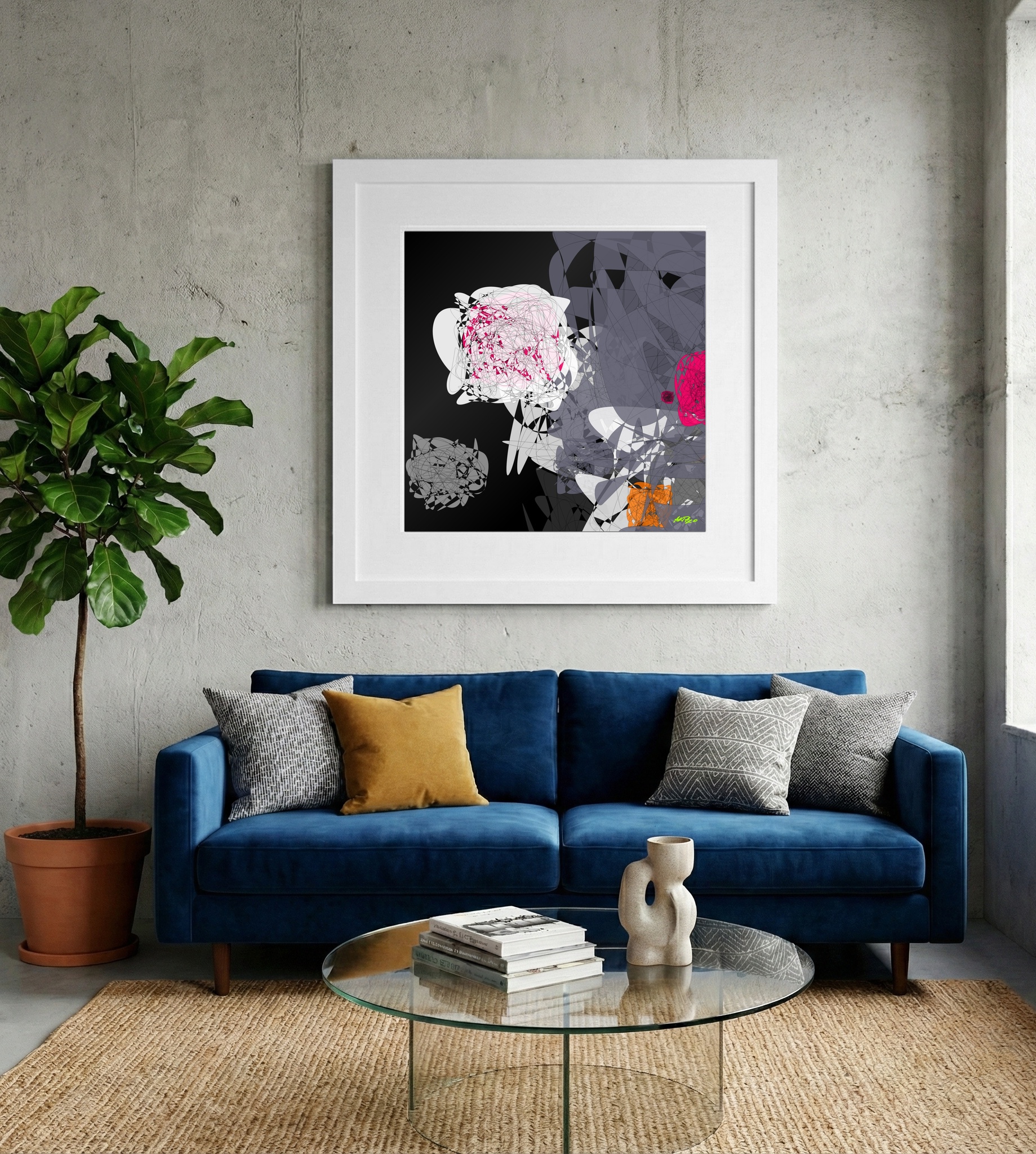 Magenta and Charcoal Digital Composition — art on the wall, room interior preview 2