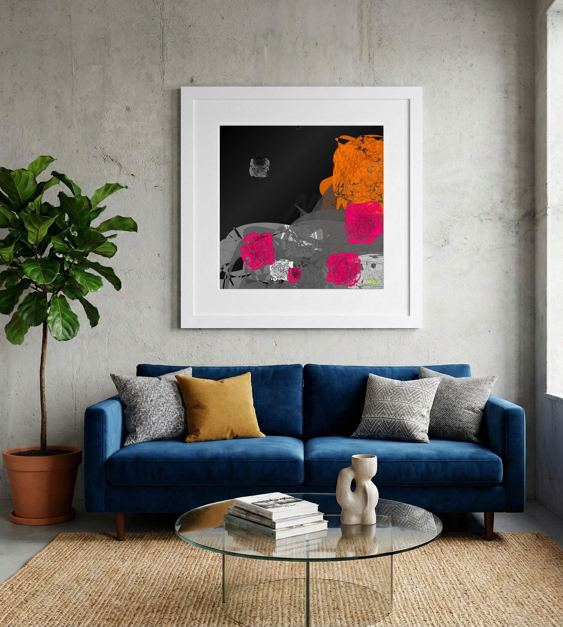 Vivid Magenta and Charcoal Digital Art — art on the wall, room interior preview 2