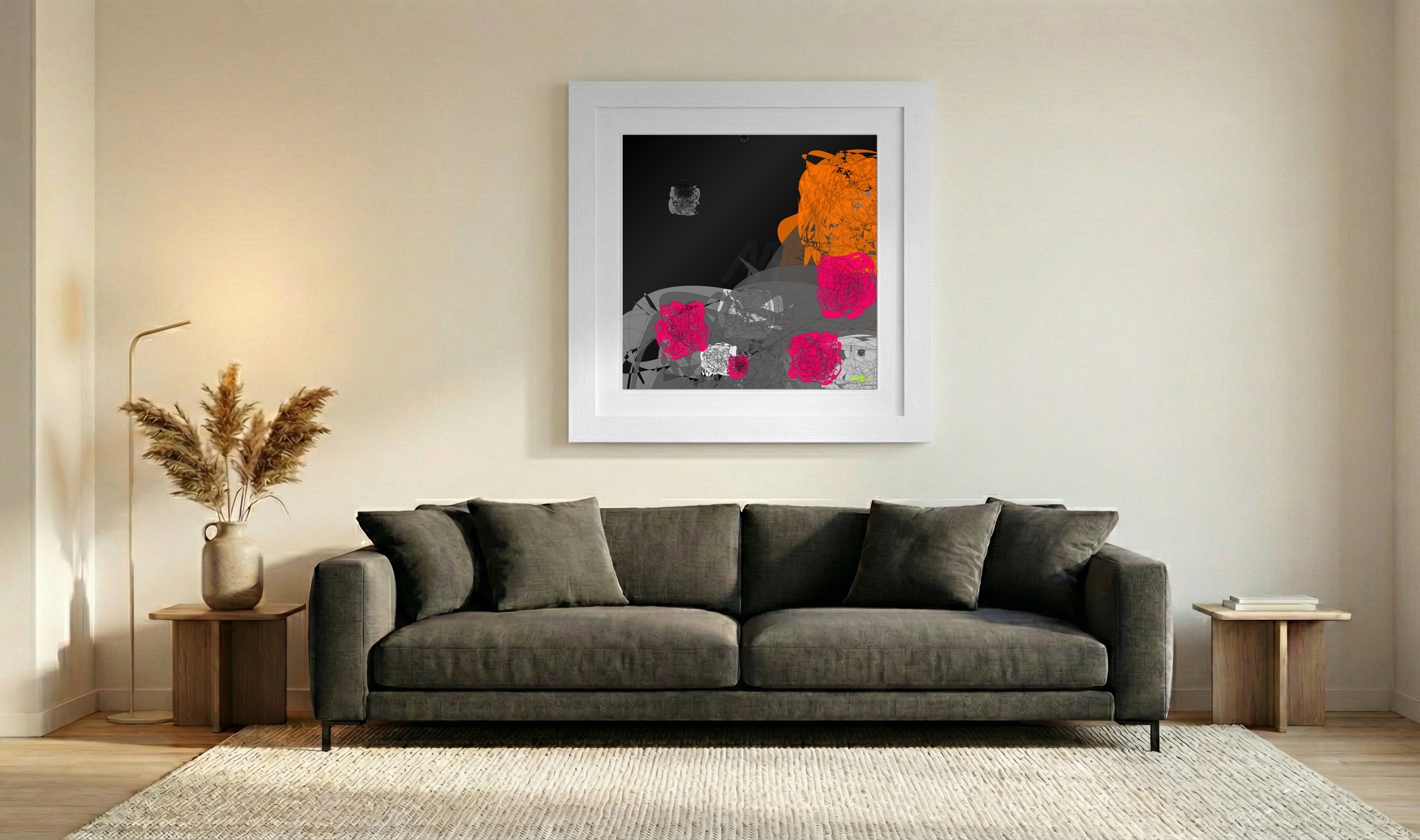 Vivid Magenta and Charcoal Digital Art — art on the wall, room interior preview 3