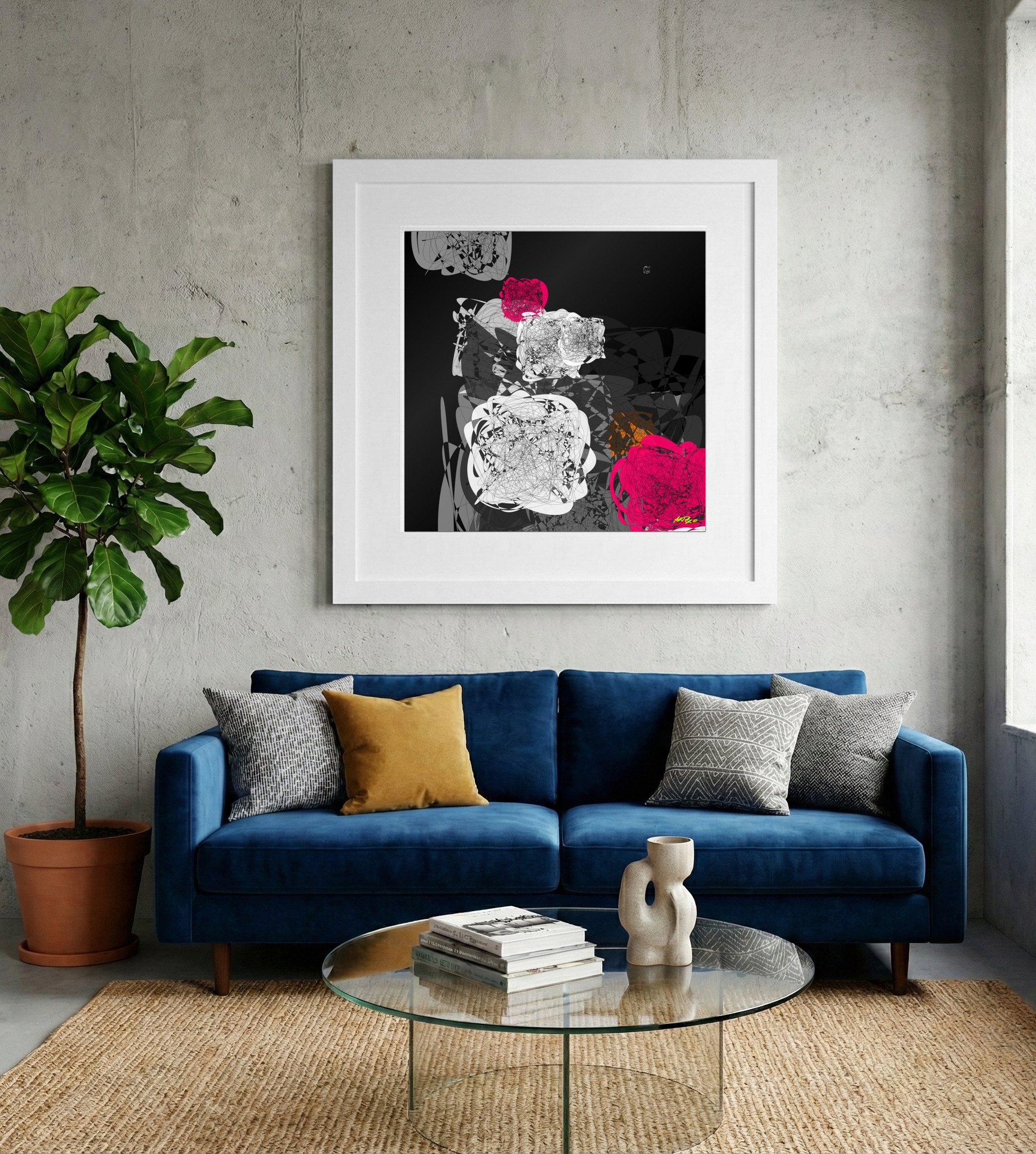 Energetic Magenta Blobs on Charcoal — art on the wall, room interior preview 2