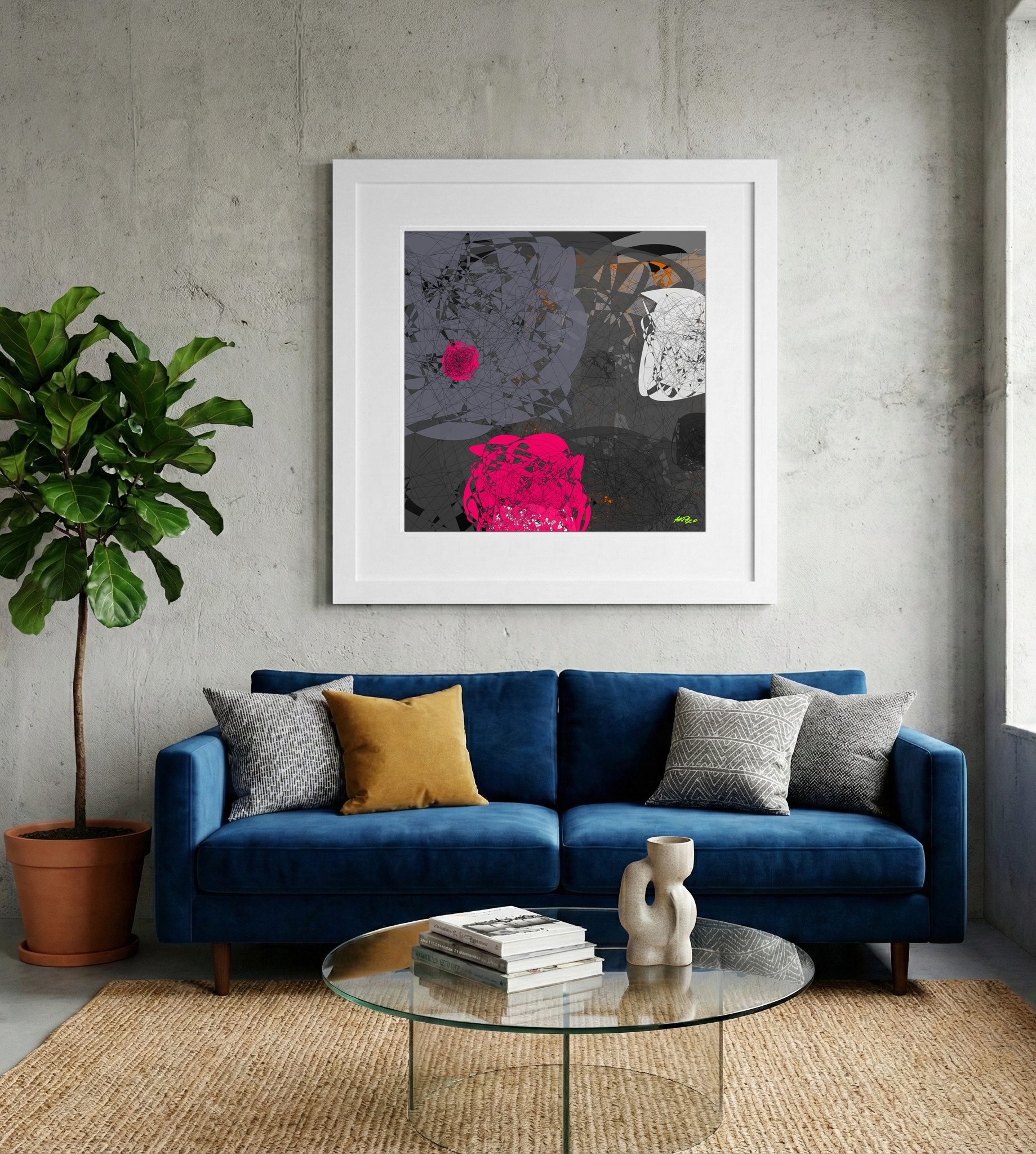 Fuchsia and Charcoal Digital Composition — art on the wall, room interior preview 2