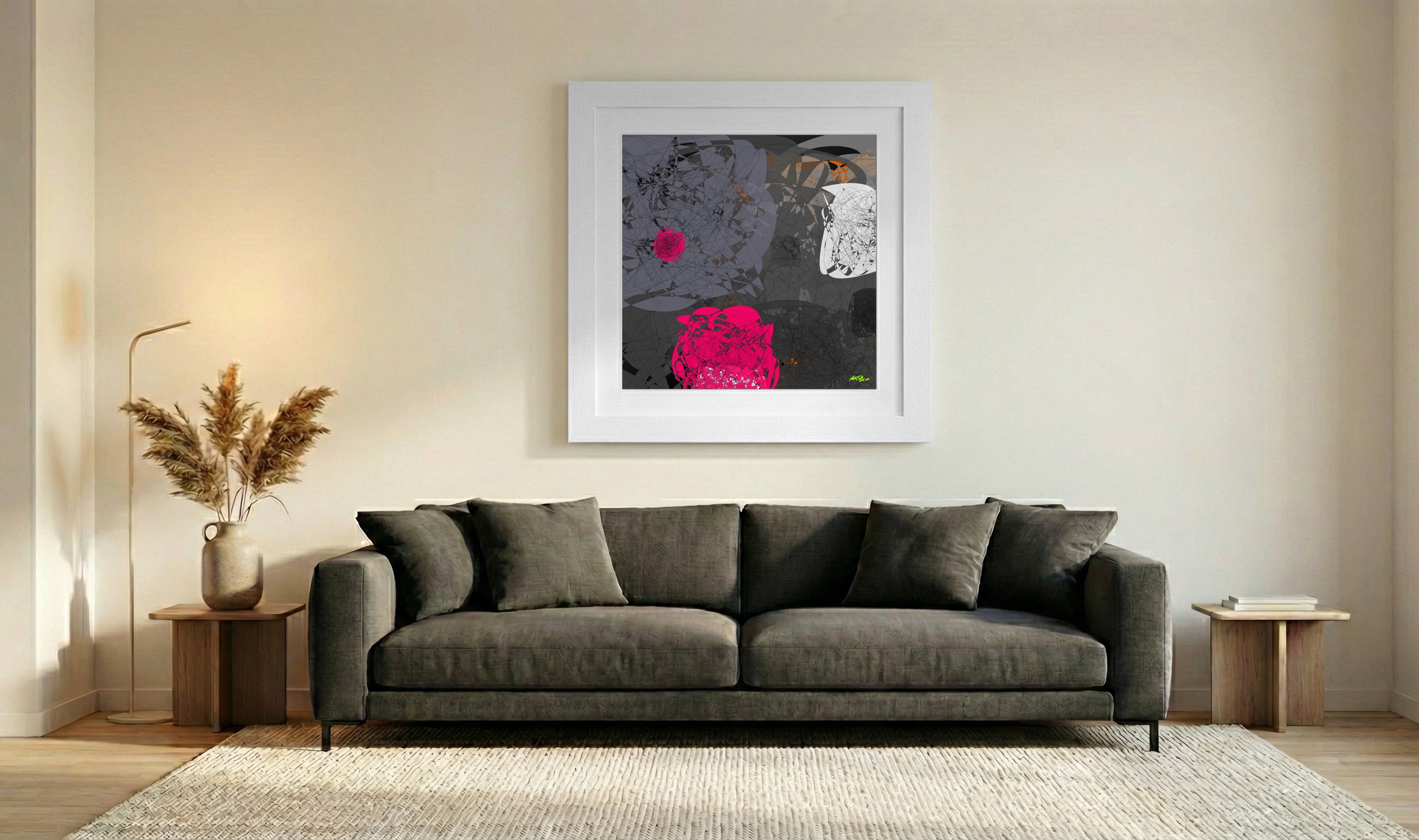 Fuchsia and Charcoal Digital Composition — art on the wall, room interior preview 3