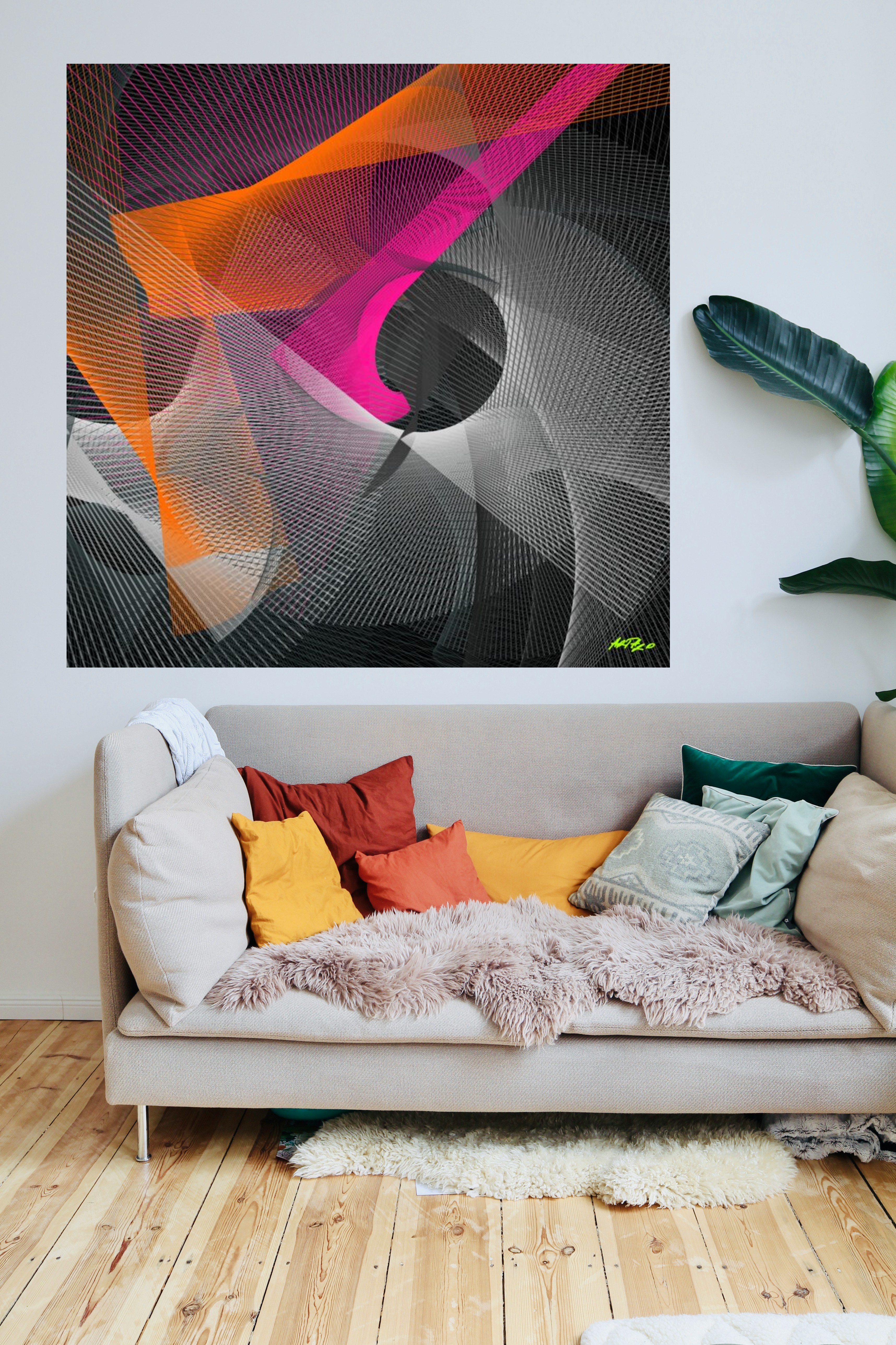 Magenta and Tangerine Linework on Digital Canvas — art on the wall, room interior preview 1